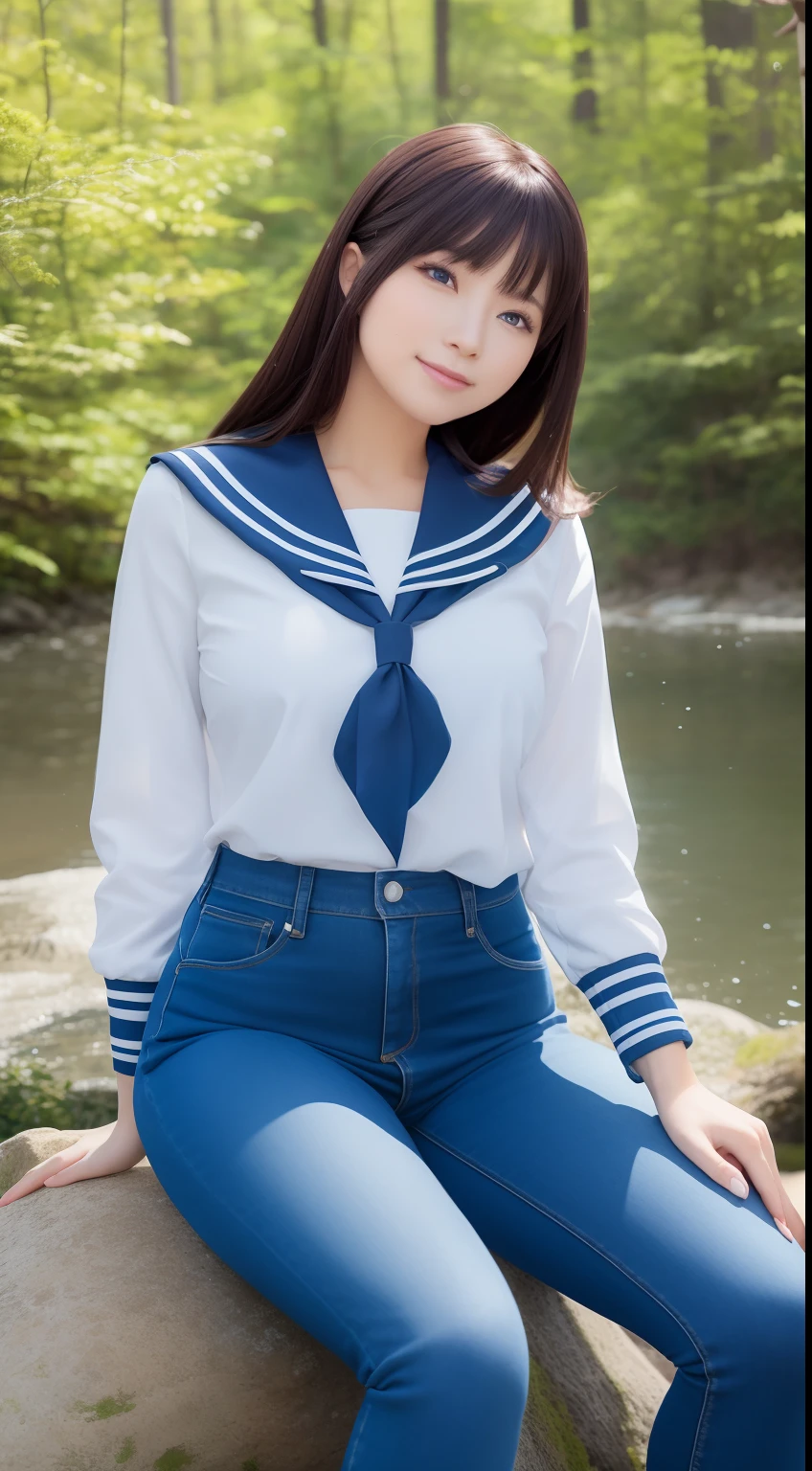 a pregirl,Thirty year old, ssmile, looking at viewert, sailor uniformm,skintight jeans, photore, realisticlying, Best quality at best, employee, 详细的脸, Sitting on a large rock in the middle of the forest, There is a river