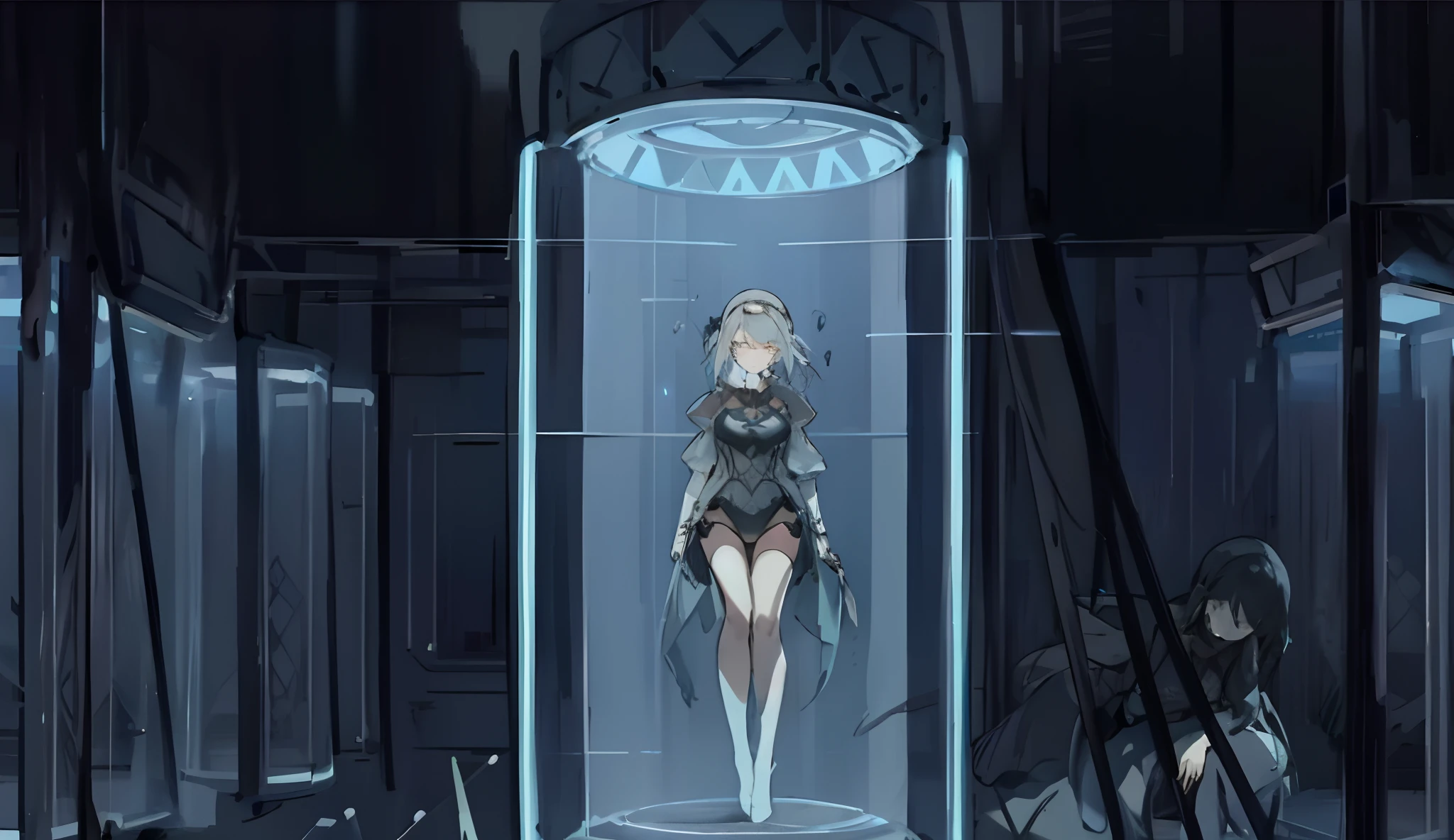 Anime scene of a woman in a glass case with a sword, queen in a glass prison, hologram hovering around her, keyframe illustration, keyframe, Anime keyframes, nier automata spaceship style, symetry!! concept-art, cushart, keyframe, Nier Automata concept Artyle, nier automata concept art, loish |, 2D concept art