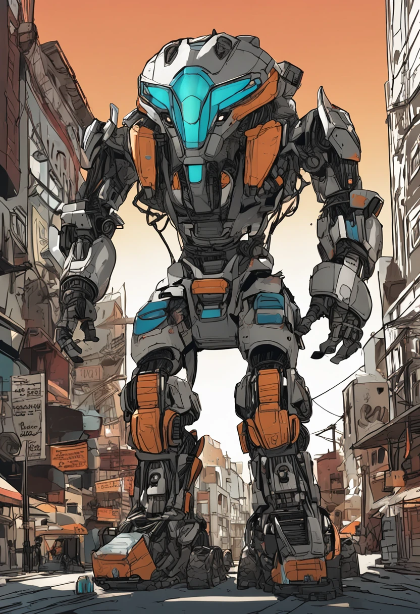 A huge robot with a mask similar to Jason's, it has a scorpion tail on its head, it has a metallic black and white color, it has tank wheels on its feet