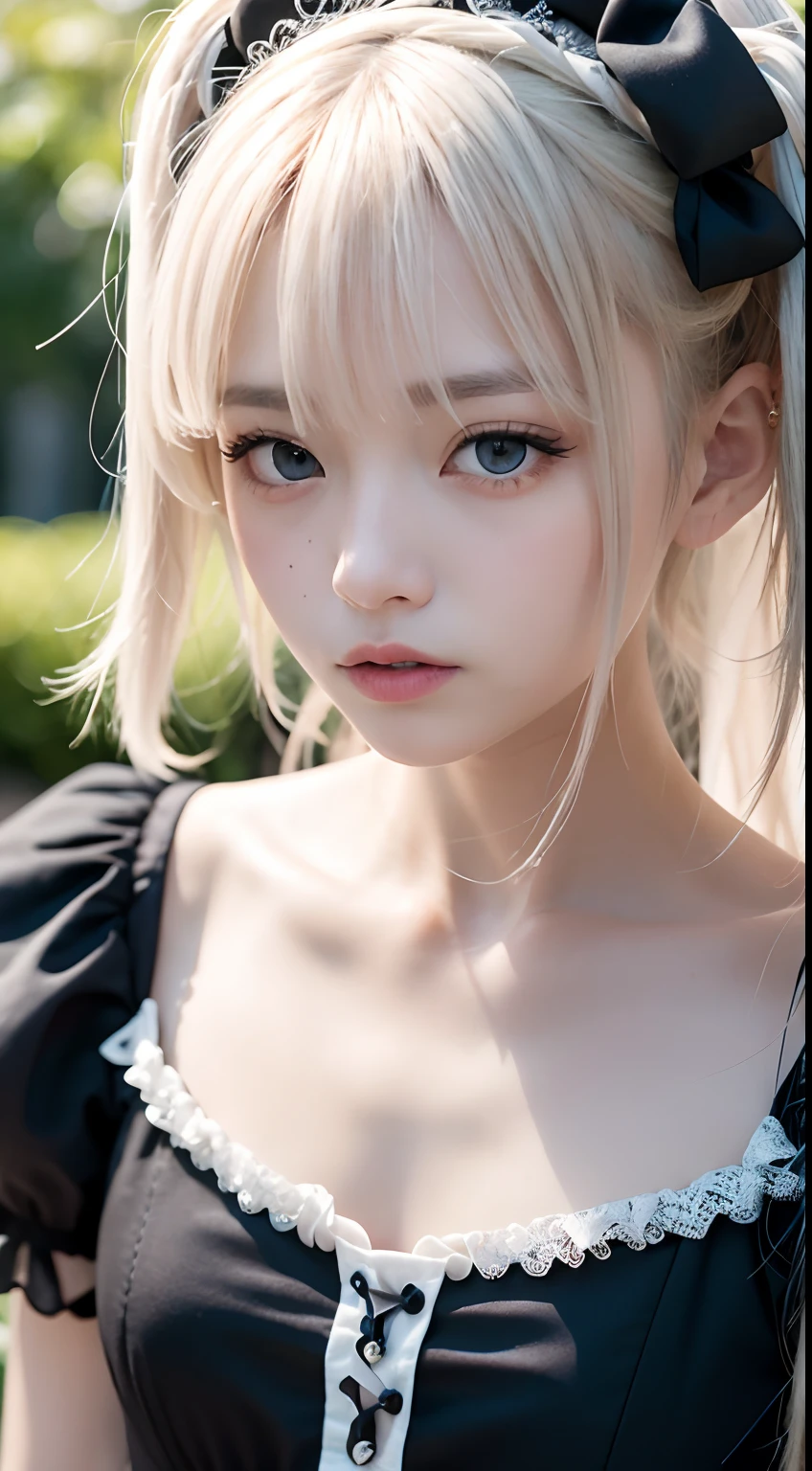 (masutepiece, Best Quality:1.2), 8K, 85 mm, Official art, Raw photo, absurderes, Platinum Blonde Hair, (Blue eyes, ta Fashion, sweetlolita, Gothic, Dress:1.2), Idol face, Upper body, Beautiful Girl, gardeniass, Copenhagen, Short sleeve, Elegance, Sophisticated, gardenia, Looking at Viewer, Film grain, chromatic abberation, Sharp Focus, face lights, Dynamic lighting, Cinematic lighting, Detailed face, Bokeh background