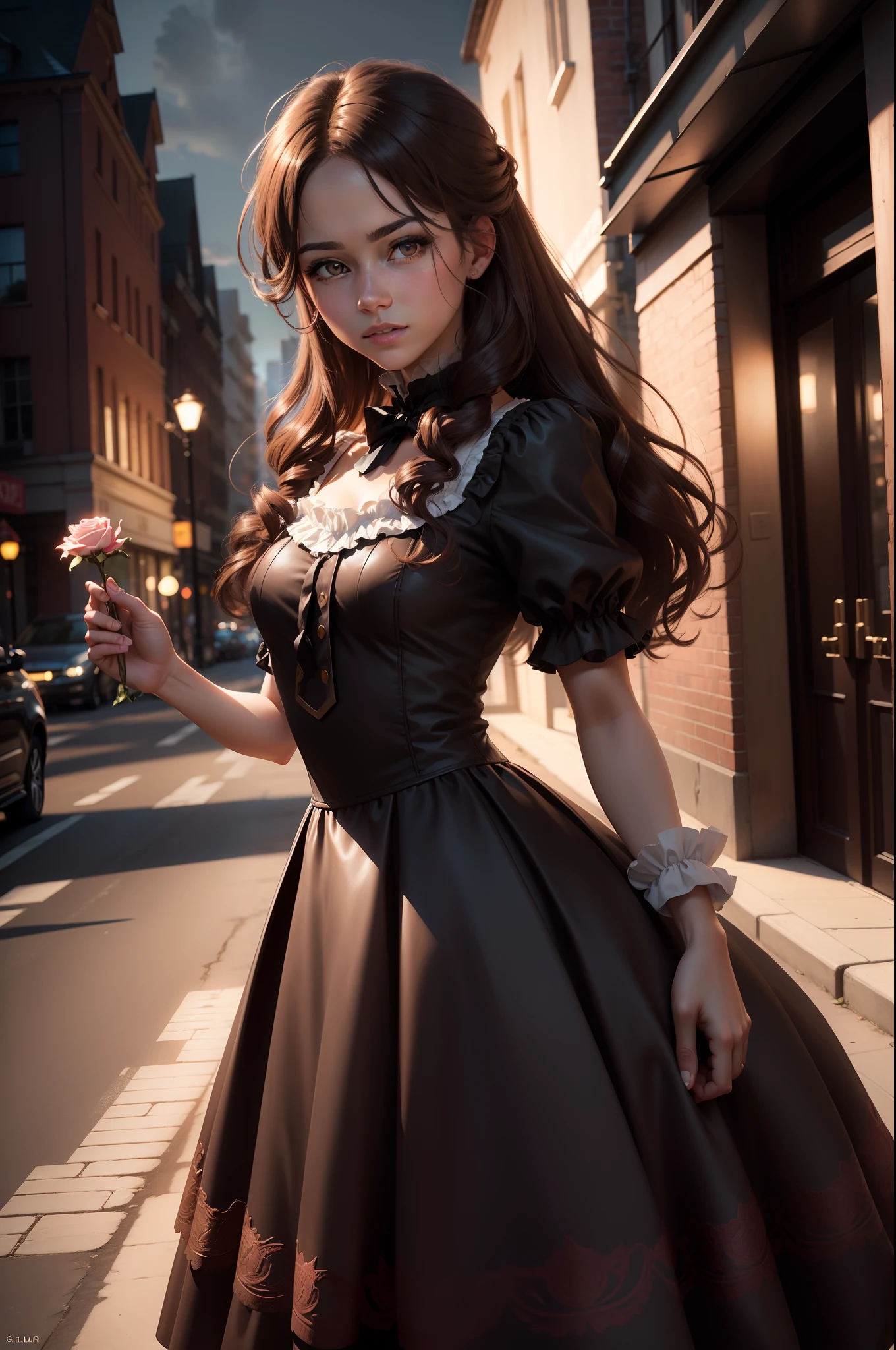 ((photorealistic lighting, Top  Quality, 8K, ​masterpiece: 1.3)), Clear Focus: 1.2, 1Girl, Perfect Figure: 1.4, Slim Abs: 1.1, ((Dark-brown hair)), colorful dress, (plein air, nighttime: 1.1), City streets, Ultra-fine face, Fair eyes, Double eyelidd, ponytale, Rose in one hand