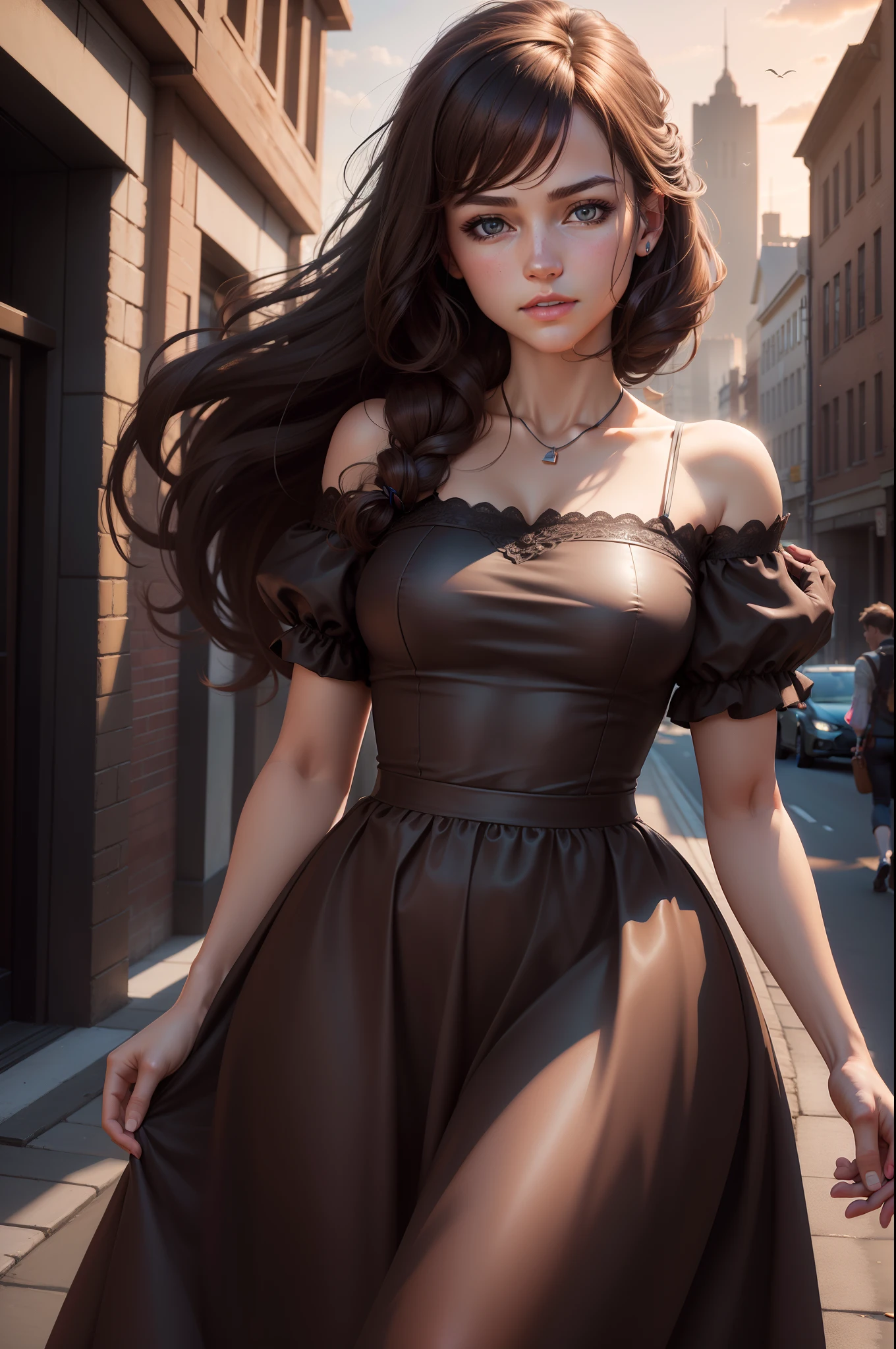 ((photorealistic lighting, Top  Quality, 8K, ​masterpiece: 1.3)), Clear Focus: 1.2, 1Girl, Perfect Figure: 1.4, Slim Abs: 1.1, ((Dark-brown hair)), colorful dress, (plein air, nighttime: 1.1), City streets, Ultra-fine face, Fair eyes, Double eyelidd, ponytale, Rose in one hand