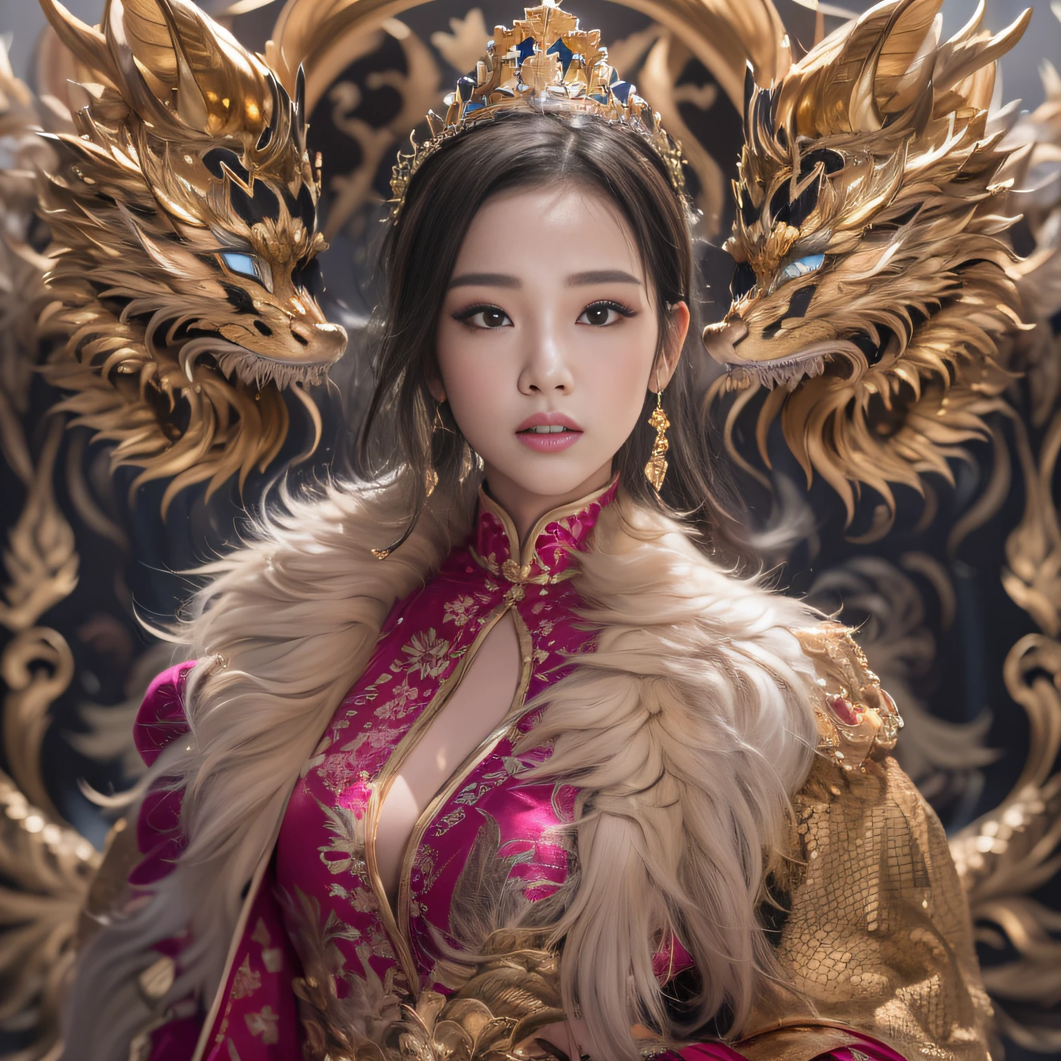 16k(tmasterpiece,k hd,hyper HD/short detailed hair,Gold jewelry area in the back room,King Girl ,Dragon Dance Protector (realisticlying:1.4),Python pattern robe,Purple-pink tiara,Snowflakes fluttering,The background is pure,Hold your head high,Be proud,The nostrils look at people, A high resolution, the detail, RAW photogr, Sharp Re, Nikon D850 Film Stock Photo by Jefferies Lee 4 Kodak Portra 400 Camera F1.6 shots, Rich colors, ultra-realistic vivid textures, Dramatic lighting, Unreal Engine Art Station Trend, cinestir 800,Hold your head high,Be proud,The nostrils look at people