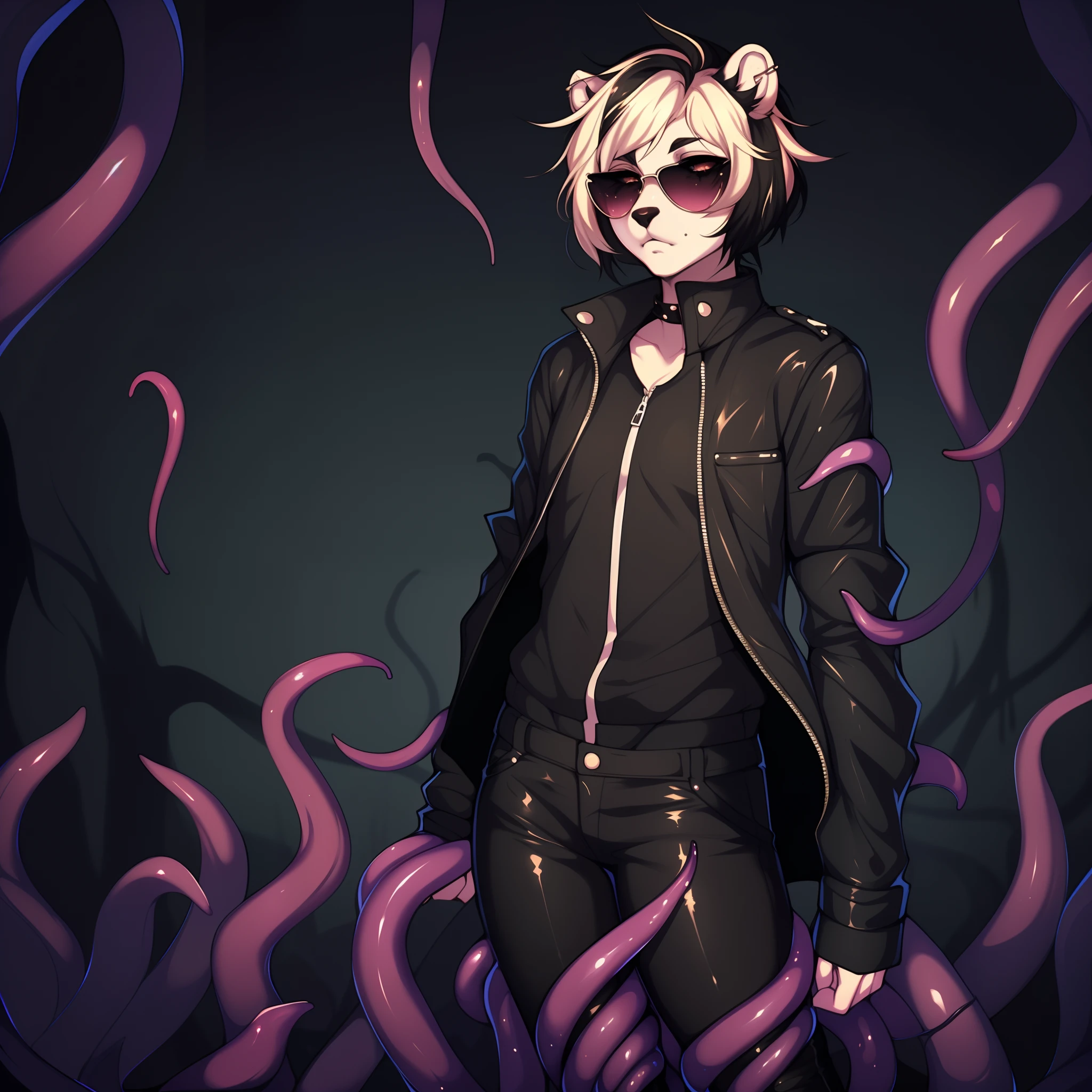 Solo, (By hyattlen, by fumiko, by claweddrip:1.3) a cute anthro furry black and white skunk boy, simple black eyes, femboy, twink, short straightened emo hair, (two_toned_black_and_blonde_hair:1.1)  wearing black trench coat, black zip up shirt, black leather pants, black riding boots, snakeskin texture on clothes, fishnets, black elegant sunglasses, standing, looking away, (jitome:1.3) (skunk tail:1.2) cute snout, black fluffy ears, snake bites piercing on lips, (eldritch black tentacles coming out of sleeves:1.4), lip piercing