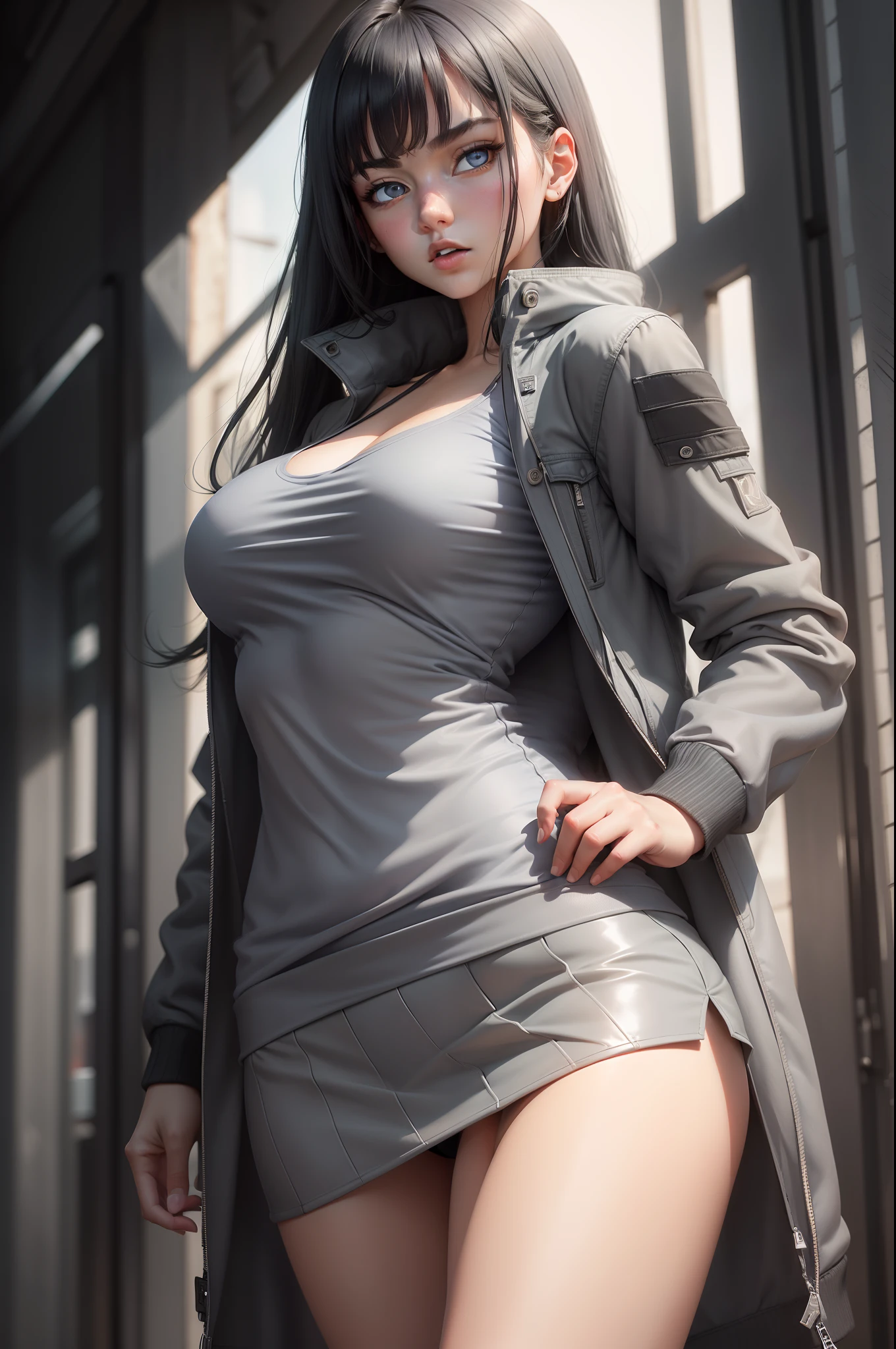 A  girl, (shows the middle finger to the viewer), serious expression,Shoulder-length black hair, Blue beautiful eyes, beautiful breasts, elastic breasts, protruding breasts, ((There is a gray shirt on the body)), (((long gray jacket))), Women's jacket,handsome body, 8K, super quality, beautiful hips, beautiful legs, black tennis skirt,