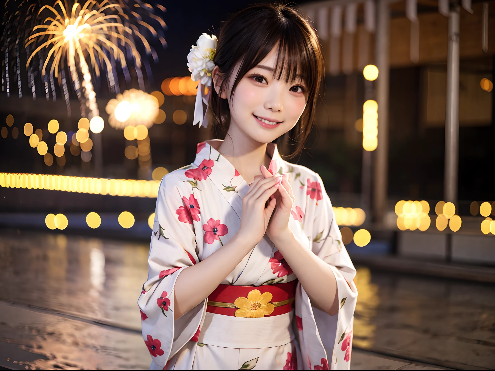 Wide shot of beautiful woman in yukata on mysterious fireworks display background: 1.5, unity 8k , highly accurate: 1.1。As a stylish snapshot、Beautiful woman smiling、Beautuful Women: 1.3、wide Shots: 1.2、Fireworks Display: 1.1、hposing Gravure Idol、Photograph the whole body、Japan girl wearing yukata、looking at the viewers、Pose with a smile(top-quality、​masterpiece)))、hight resolution、ighly detailed、​masterpiece、电影灯光、(8K、top-quality、​masterpiece:1.2)、(realisitic、Photorealsitic:1.37) Hi-Res、The ultra-detailliert、1girl in 、asian human, cute little, cute  face, 独奏, Short hair 1.2, Textured skin, beautiful smiling face, Beautiful detailed sky, 电影灯光, depth of fields, Lens flare light、Dating、(blush nose)、(A smile:1.15)、(Mouth closed)tiny chest、beautiful finely detailed eyes、Floating hair Nova frog style