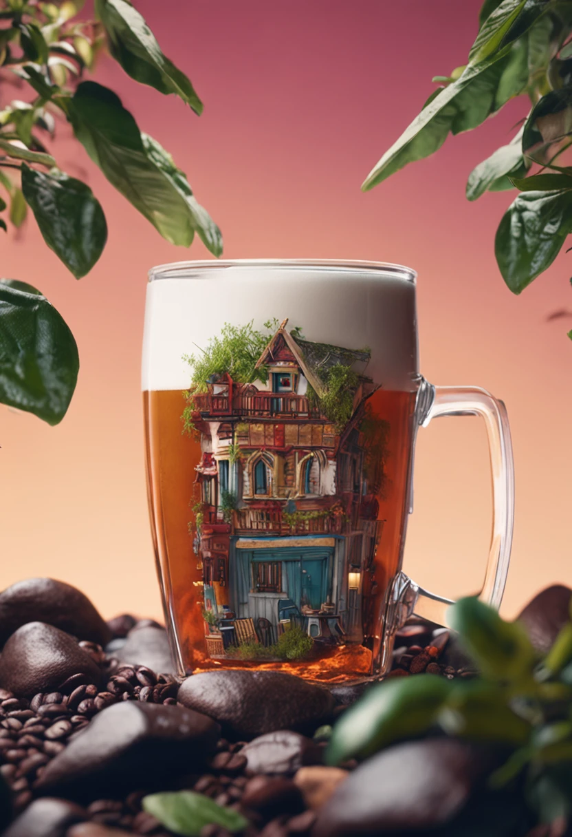 beer cup coffee cup tea cup mountain building covered with plants