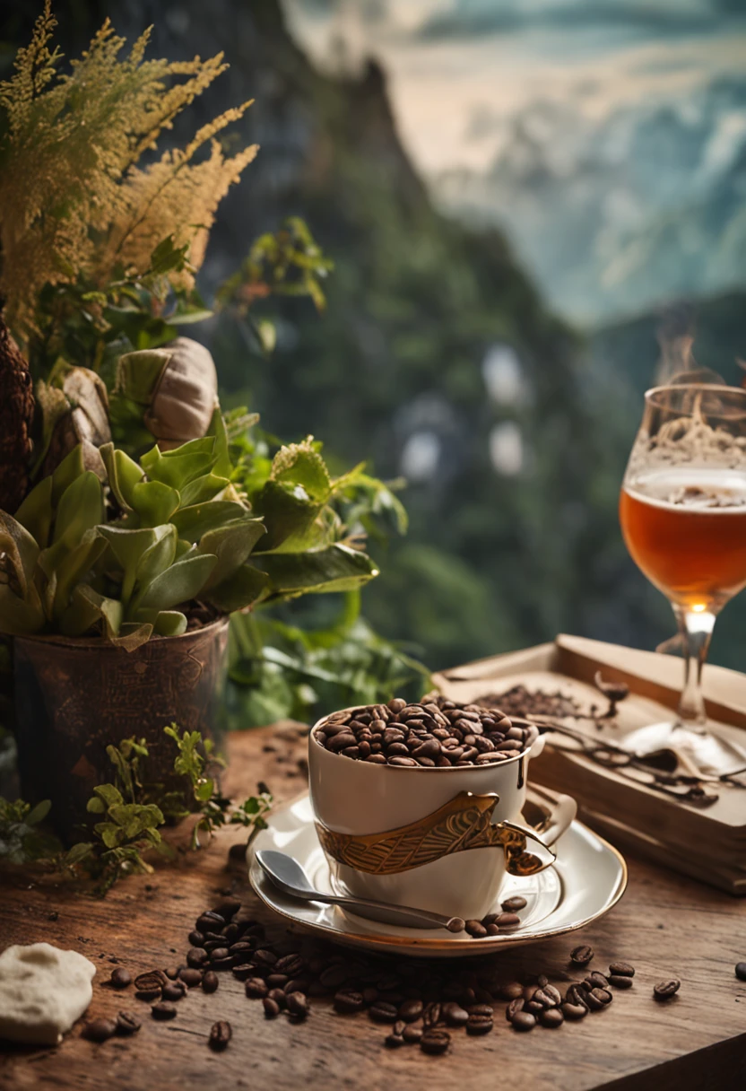 beer cup coffee cup tea cup mountain building covered with plants