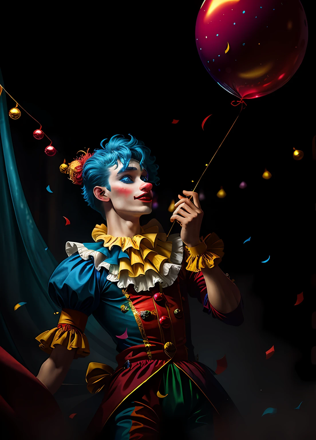 full shot body phot, illustration, bright light, fantasy, highest quality, ultra detailed, best quality, masterpiece, (detailed face), young man dress as jester clown , playing music, clown outfit, confetti in the air, ribbons decorating background, messy hair, short hair, blue hair, (focus on body:1.25), clown makeup, red velvet drapes in background, golden eyes, sparkling eyes, cinematic shot, maximum details,