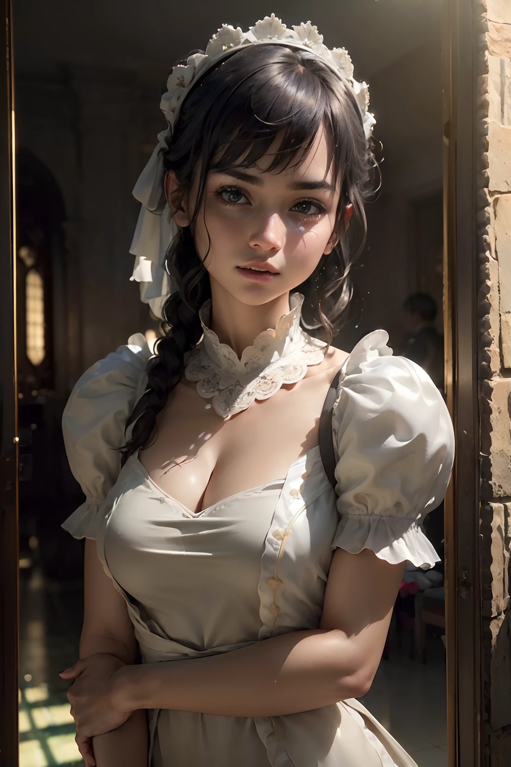 Black and white portrait of a young Gothic lolita, estilo grimdark, Woman, estilo grimdark, Close-up, Pale skins, maquiagem pesada, profundidade de campos, Bokeh, analogue style, Uma foto de em. Eugenio Smith, (B&em, monocromatic), fotorrealista, hyper-realistic, hiper-detalhado, Filme noir, pele detalhada, Poros, pele fosca, soft lighting, Subsurface scattering, Realistic, sombra pesada, master part, best quality, 8k, proportion Aurea, intrincado, cinematic movie photograph, Afiado completo, Foco suave