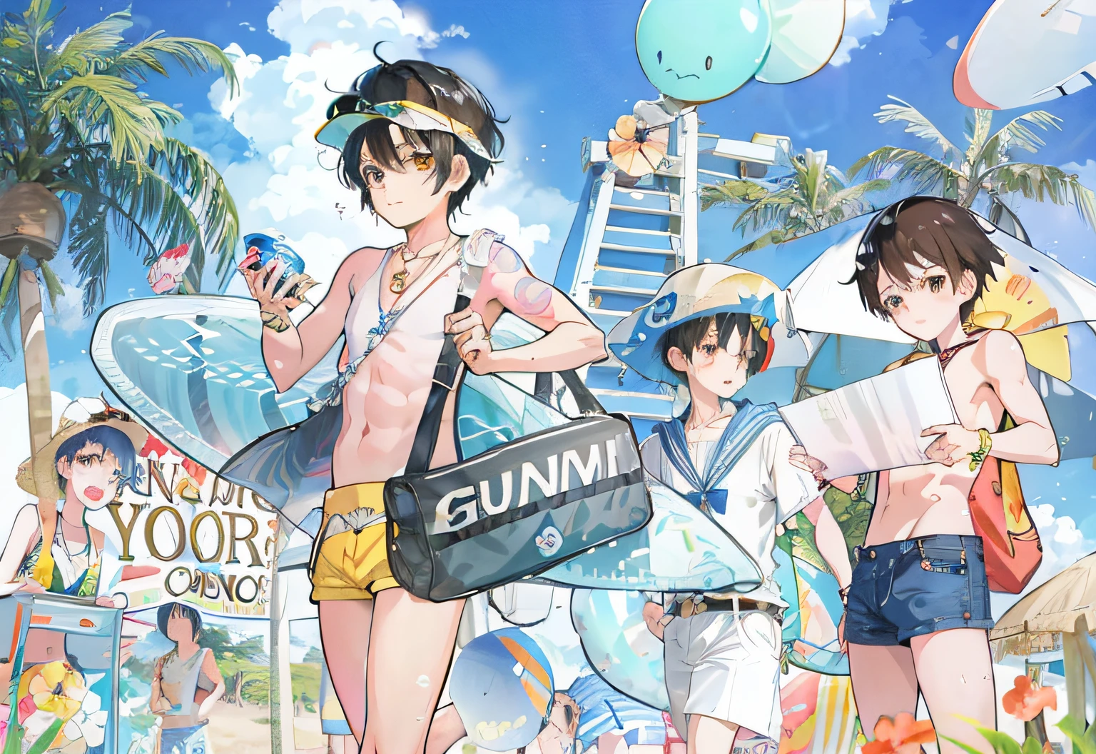 Signs of anime characters standing in front of the beach, Kawasi, Guviz-style artwork, An anime cover, official fanart, inspired by Eiichiro Oda, Summer time, on a bright day, High-quality fanart, concept art of single boy, Official artwork, Guviz, On a sunny day, Sunny day, full bodyesbian:: Sunny weather::