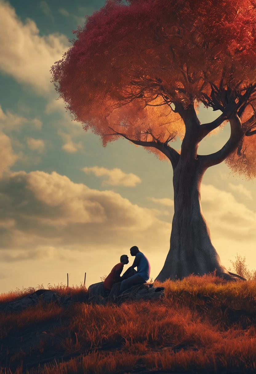 in the plain with only one tree there's two people leaning at the tree sitting on the ground next to each other one is guy and the other is women