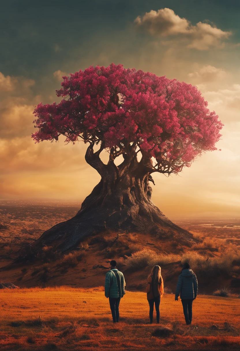 in the plain with only one tree there's two people leaning at the tree sitting on the ground next to each other one is guy and the other is women