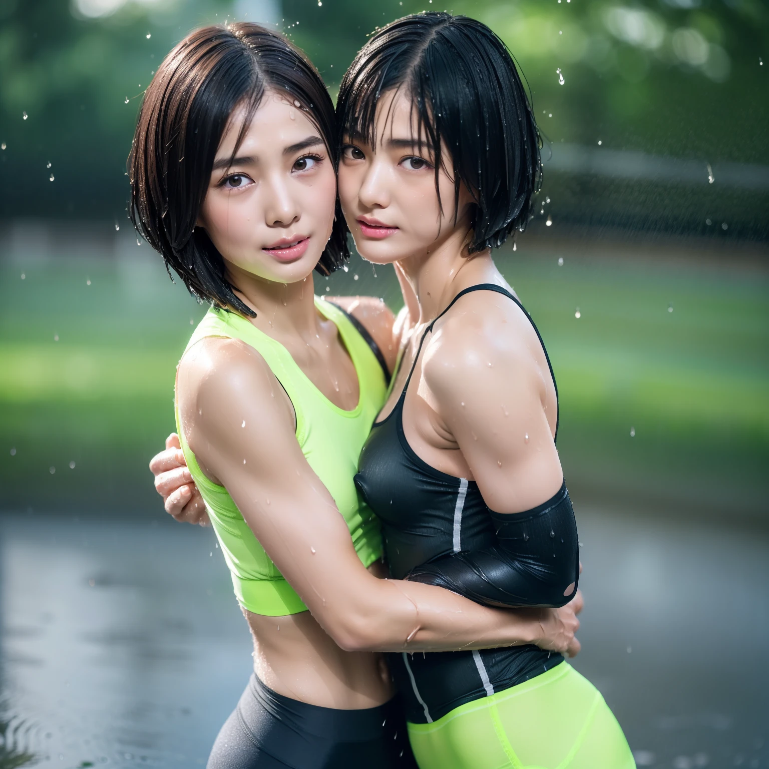 (2girls), (a detailed full body RAW photo of a girl), (masterpiece:1.0), (best quality:1.4), (ultra highres:1.2), (photorealistic:1.4), 8k resolution, Canon EOS R5, 50mm, absurdres, ultra detailed, (18yo), sharp focus, cinematic lighting, detailed beautiful face, (no make up:1.2), (ulzzang-6500-v1.1), petite figure, detailed skin texture, suntan skin, flat chest, (skinny and fit body:1.6), thigh gap, detailed brown hair, sweltering,(very short hair:1.5), realistic glistening skin, (sweating:1.45), nfsw, heavy breathing, humid, (small titts, cameltoe, erect nipples:1.2), (lime green and black nike spandex competition sports bra:1.2), (spandex tights:1.5), (japanese athlete, flat chest:1.5), well-developed abdominal, (hug each other gently:1.5), wet body, (small titts:1.5), (rain:1.5), (wet wear:1.5)