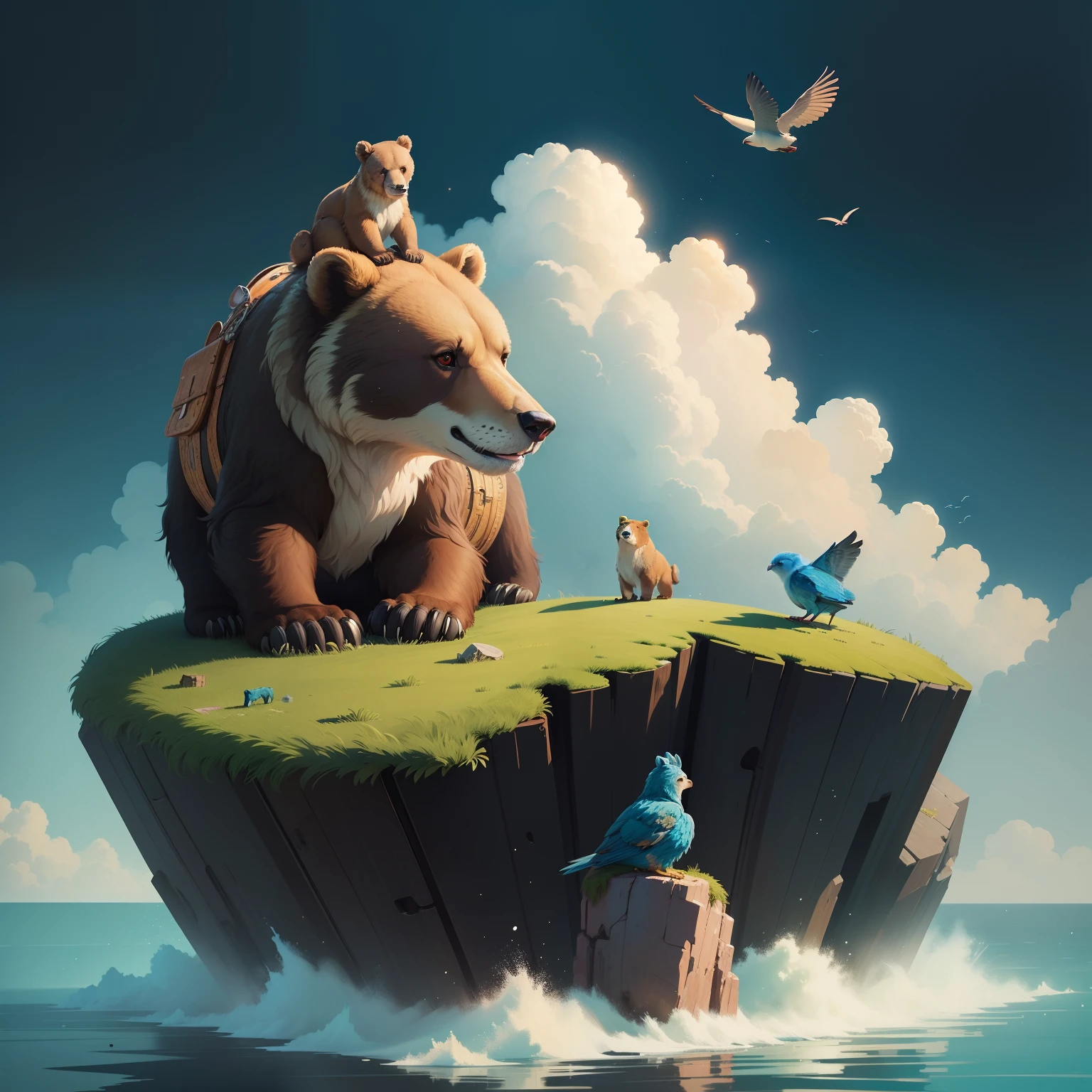 Https://website.arte marinha...ai/explorar/detalhe/cjb28k14msb8254bb44gPainting of a brown bear on top of a cliff with a blue bird by its side Storybook illustration, Illustration for children's book, Illustration for children's book, cute storybook illustration, Illustration for children's book, Illustration for children's book, Children's book illustration stories, illustration for children's book, storybook illustration, illustration for children's book, illustration art, Beeple e Jeremias Ketner, Feng Zhu
