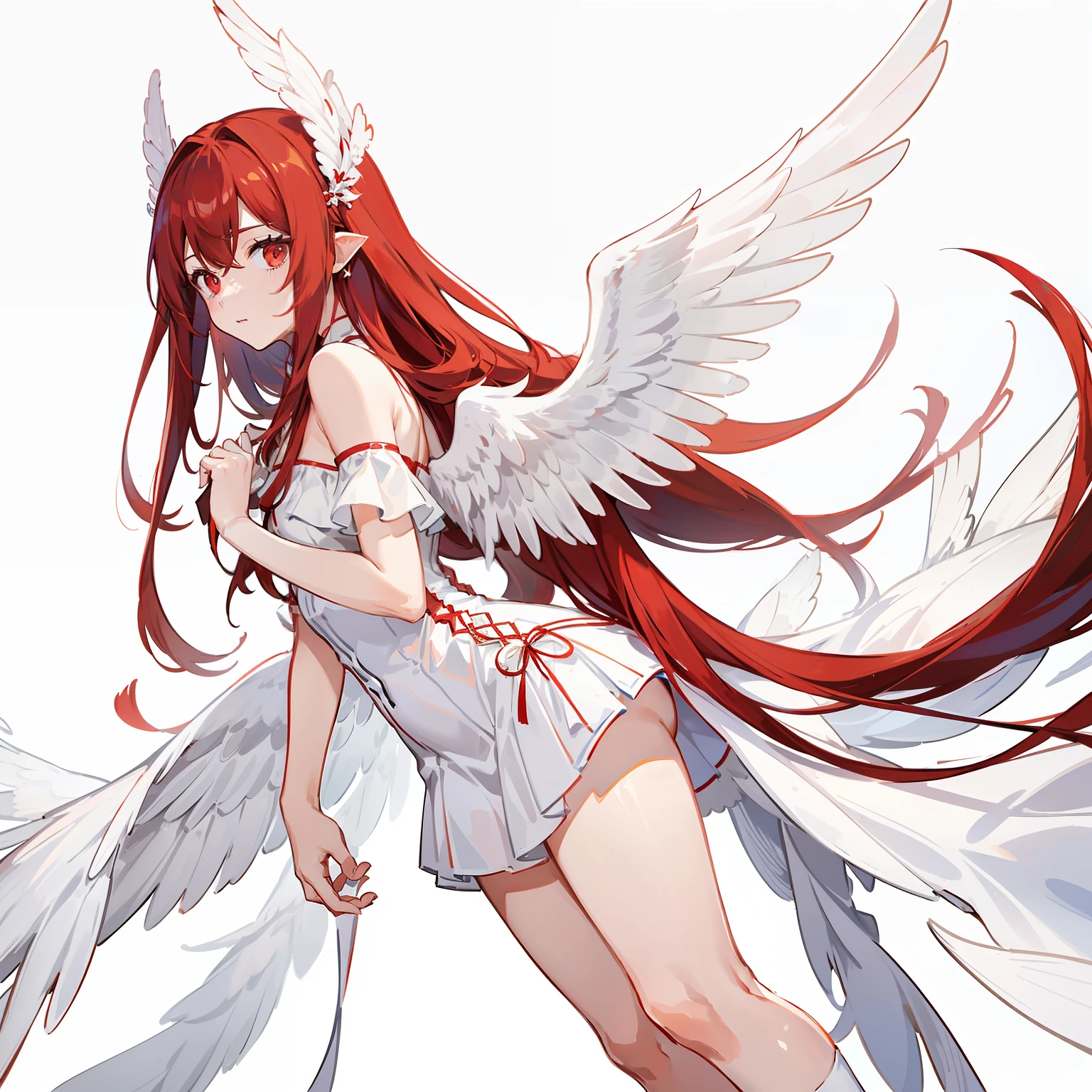 Long reddish hair wraps around the body，White feathered off-the-shoulder dress，Two pairs of white feathered wings grow on the back，Crimson eyes。White knee-length socks，Red sky，Contemptuous eyes