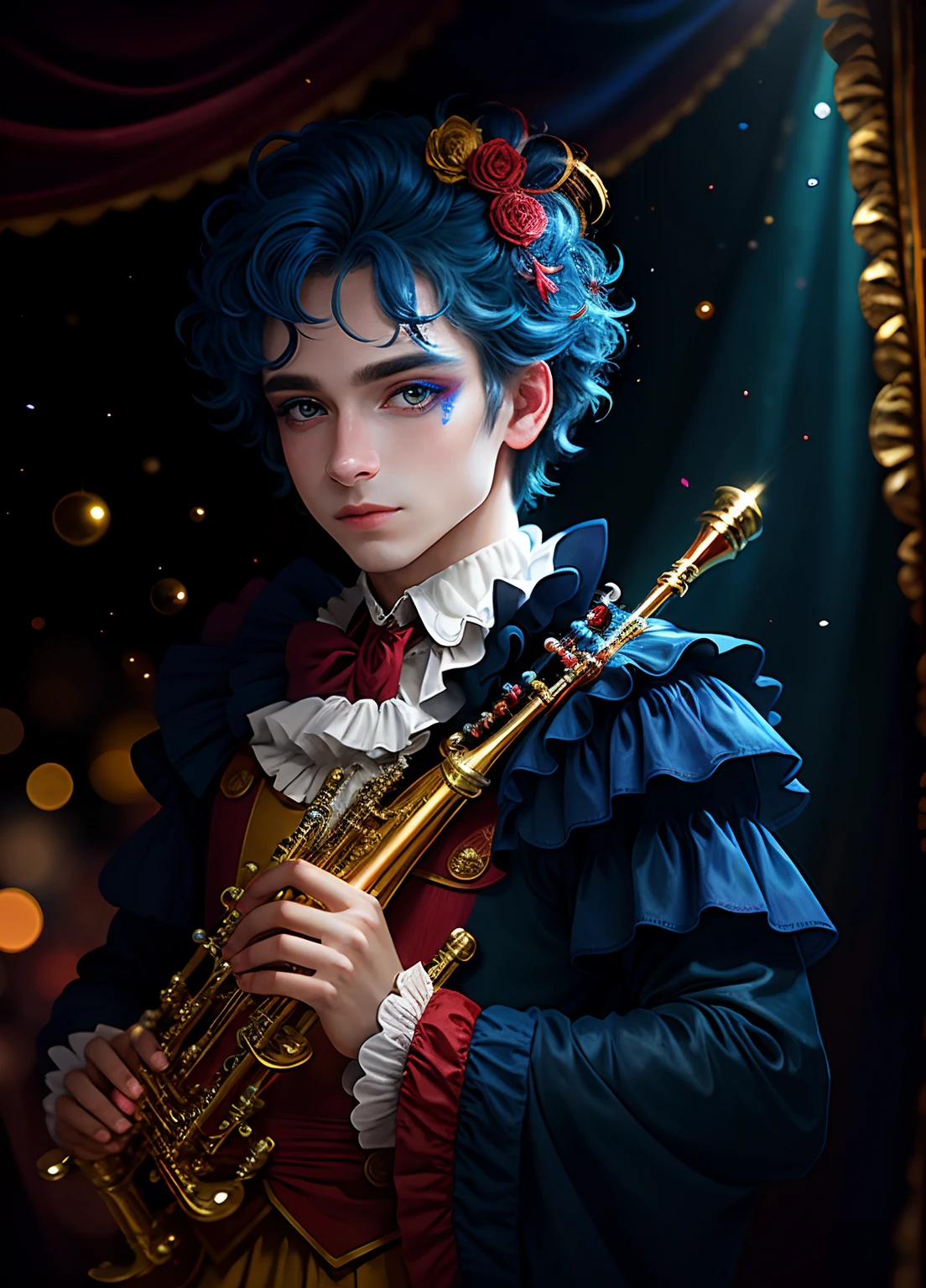 full shot body phot, illustration, bright light, fantasy, highest quality, ultra detailed, best quality, masterpiece, (detailed face), young man dress as jester , playing clarinets, clown outfit, confetti in the air, ribbons decorating background, messy hair, short hair, blue hair, (focus on body:1.25), clown makeup, red velvet drapes in background, golden eyes, sparkling eyes, cinematic shot, maximum details,