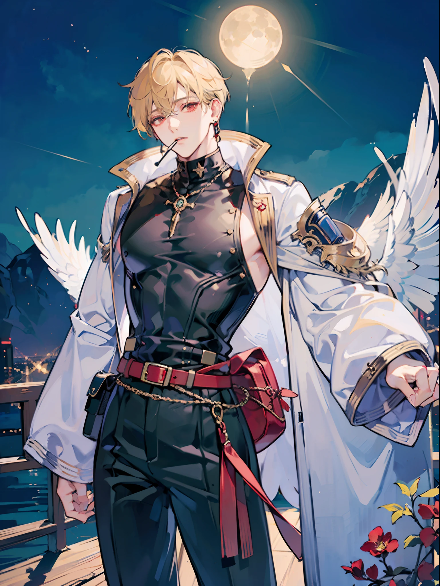 ((masutepiece: 1.4, Best Quality,Delicate)), Very short blonde hair、Red Eyes,(1Man Youth:1.3), Delicate hair, (Big black high-neck clothes hide the mouth:1.3),piercings, Night background