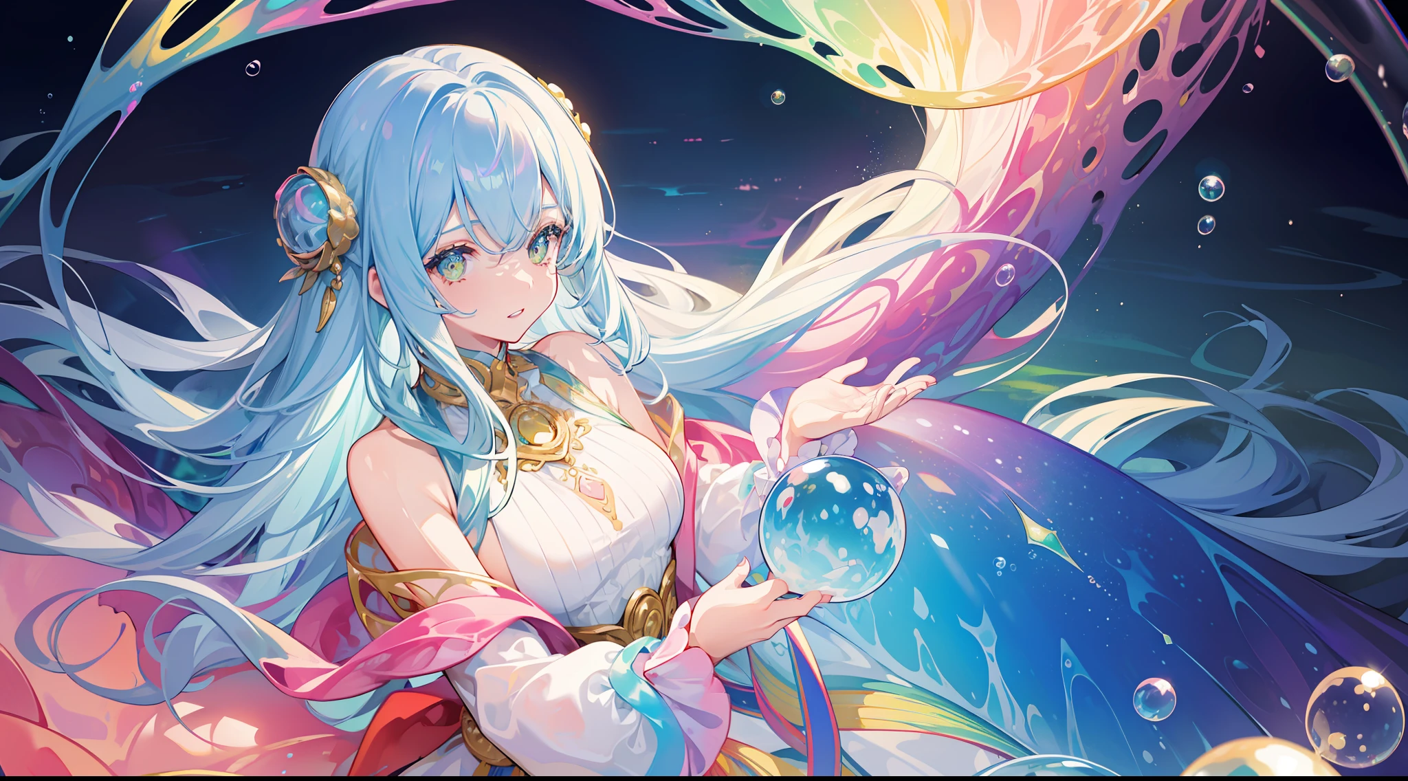 masterpiece, best quality, intricate details, beautiful girl, sparkling eyes, otherworldly liquid fantasia background, watercolor, bright vibrant colors, whimsical, colorful, layered tiered puffy long sleeve ballgown, ((iridescent rainbow bubbles))