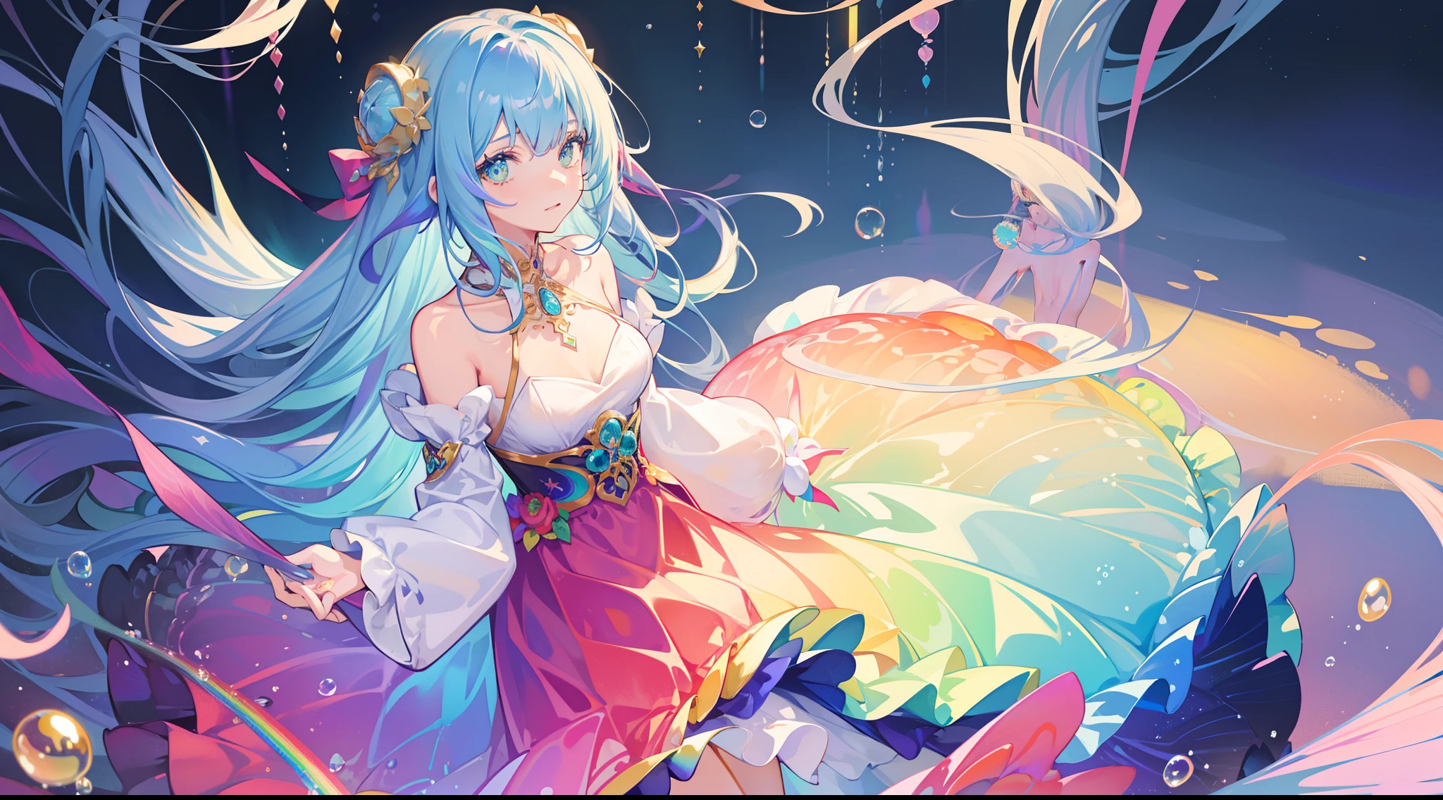 masterpiece, best quality, intricate details, beautiful girl, sparkling eyes, otherworldly liquid fantasia background, watercolor, bright vibrant colors, whimsical, colorful, layered tiered puffy long sleeve ballgown, ((iridescent rainbow bubbles))