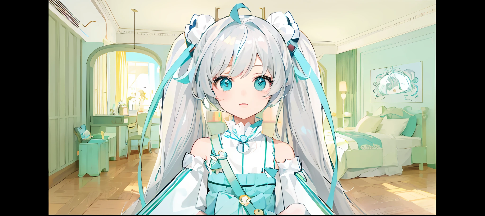 Anime girl in a room with long white hair and blue dress, mikudayo, my dress up darling anime, Kawaii realistic portrait, hatsune miku portrait, anime moe art style, Silver hair (pony tails), Os amigos, Portrait of Hatsune Miku, inspired by Ma Yuanyu, cute character, Anime waifu, Cute anime style, , Hatsune Miku