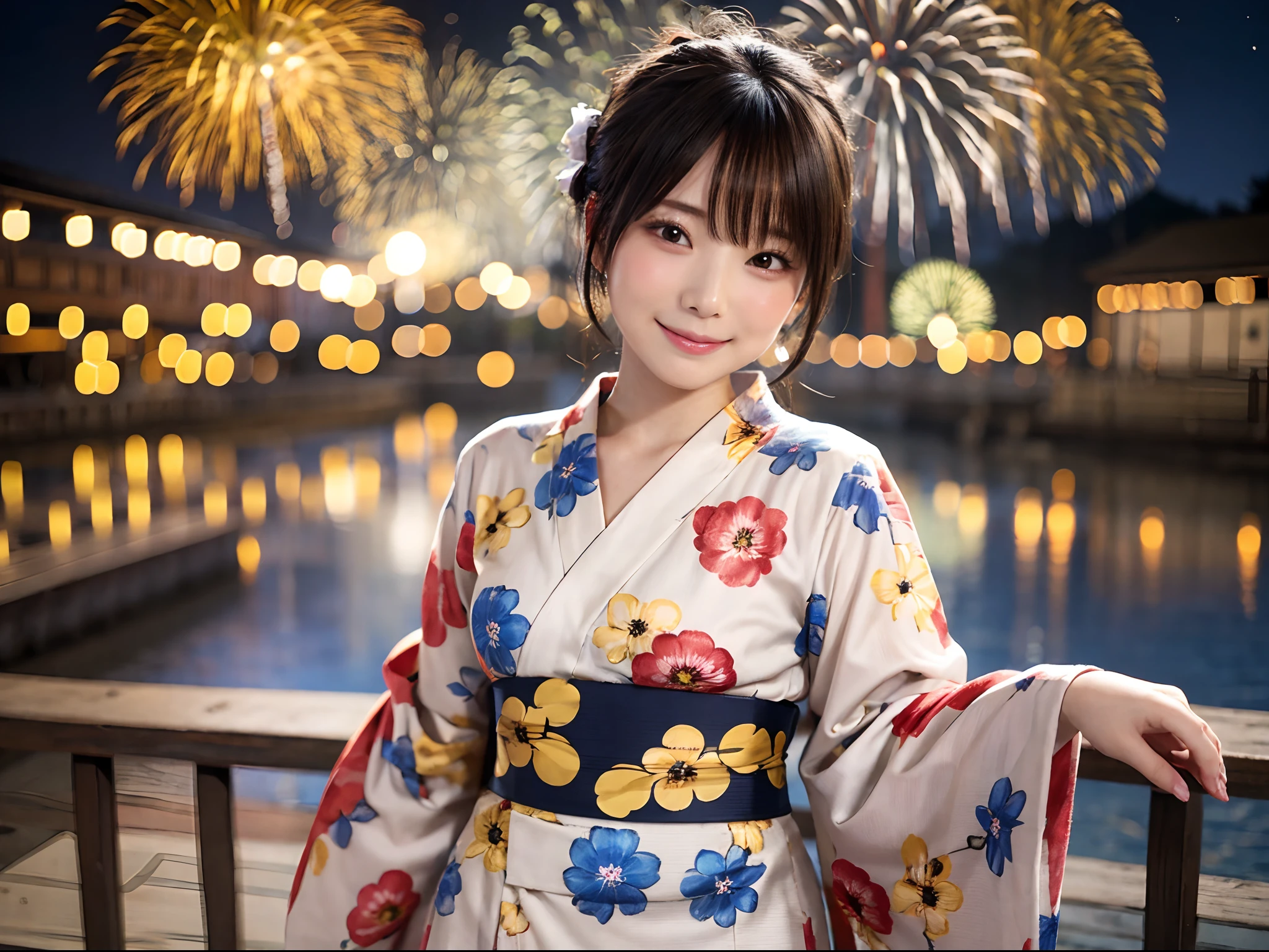 Wide shot of beautiful woman in yukata on mysterious fireworks display background: 1.5, unity 8k , highly accurate: 1.1。As a stylish snapshot、Beautiful woman smiling、Beautuful Women: 1.3、wide Shots: 1.2、Fireworks Display: 1.1、hposing Gravure Idol、Photograph the whole body、Japan girl wearing yukata、looking at the viewers、Pose with a smile(top-quality、​masterpiece)))、hight resolution、ighly detailed、​masterpiece、电影灯光、(8K、top-quality、​masterpiece:1.2)、(realisitic、Photorealsitic:1.37) Hi-Res、The ultra-detailliert、1girl in 、asian human, cute little, cute  face, 独奏, Short hair 1.2, Textured skin, beautiful smiling face, Beautiful detailed sky, 电影灯光, depth of fields, Lens flare light、Dating、(blush nose)、(A smile:1.15)、(Mouth closed)tiny chest、beautiful finely detailed eyes、Floating hair Nova frog style