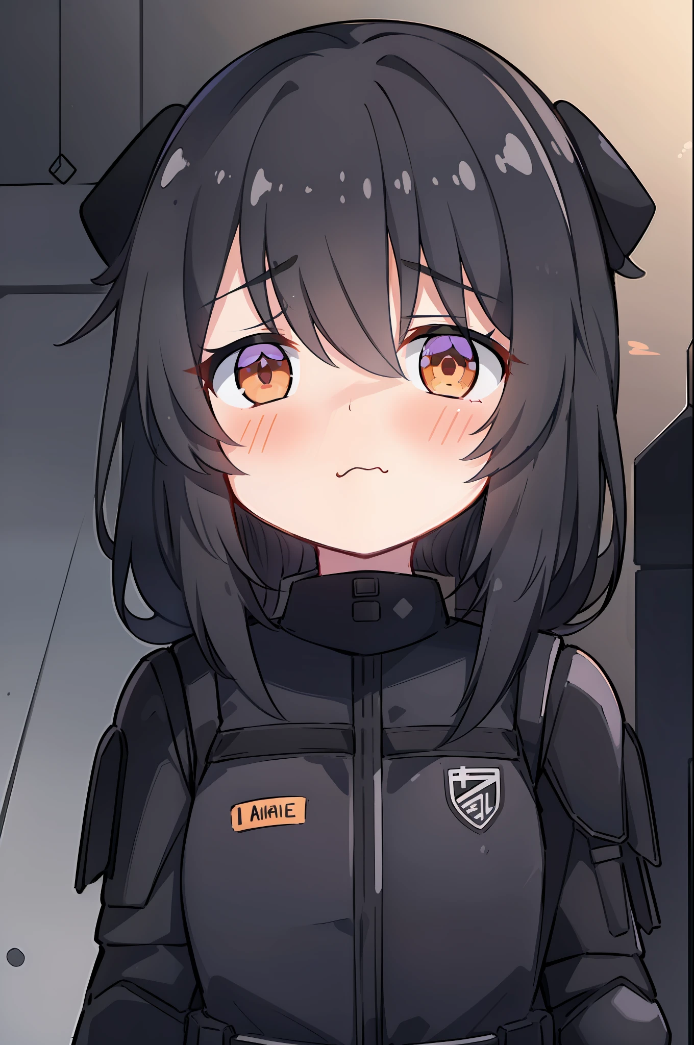 1girl, 2clones, black tactical cap, cap, tactical black railed headset, black long messy hair, black plain tshirt, armored, black shoulder pads, black tactical vest, black armor pads, black handgun holster, black tactical socks, tactical skirt, paranoid, wide eyes, empty expression, dead inside, wide eyes, sad mouth, orange colored eyes