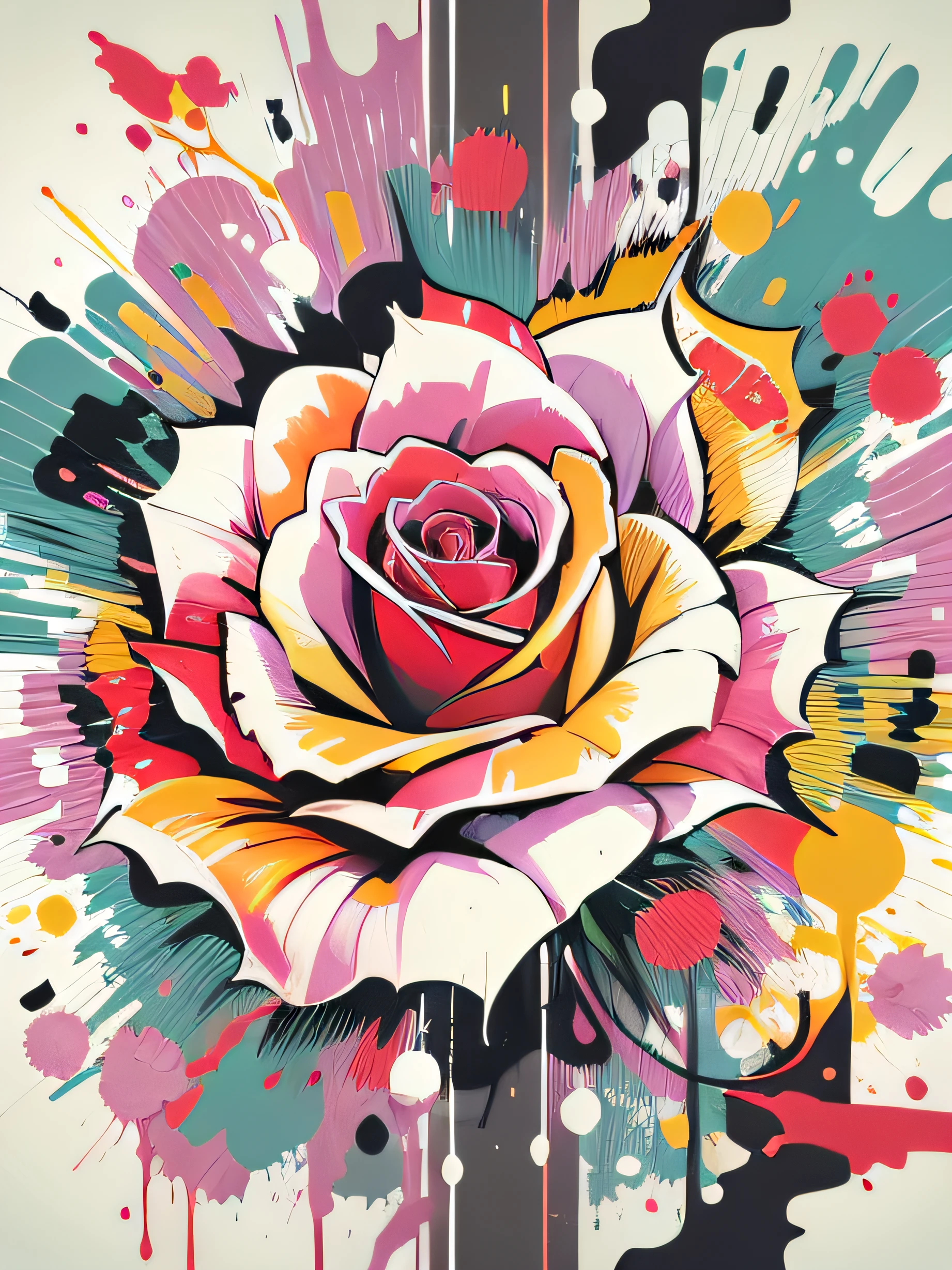 vector art, Colorful illustration with graffiti white rose, in the center, Bright colors, paint splashes and blots, high detail, whitebackground