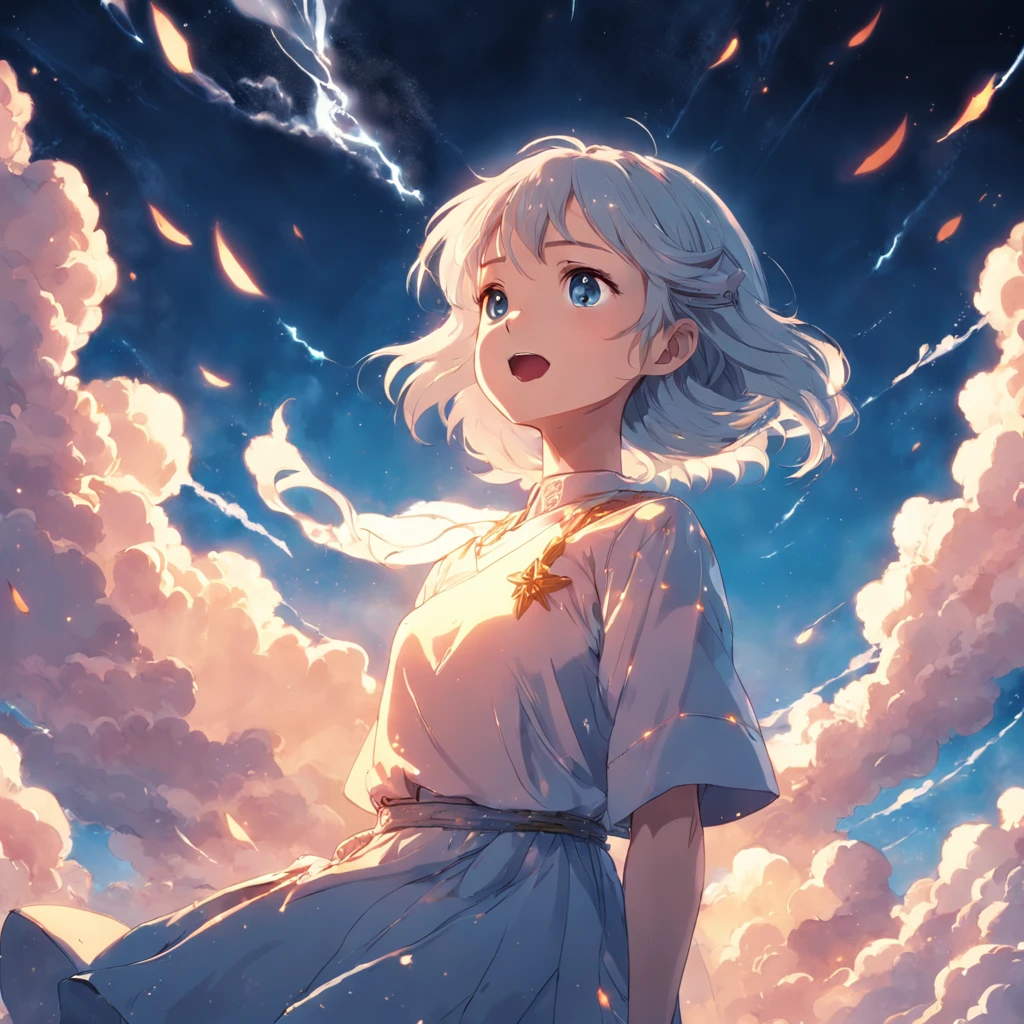 masterpiece, best quality, movie still, 1girl, cloud girl, floating in the sky, close-up, bright, happy, warm soft lighting, sunset, (sparks:0.7)