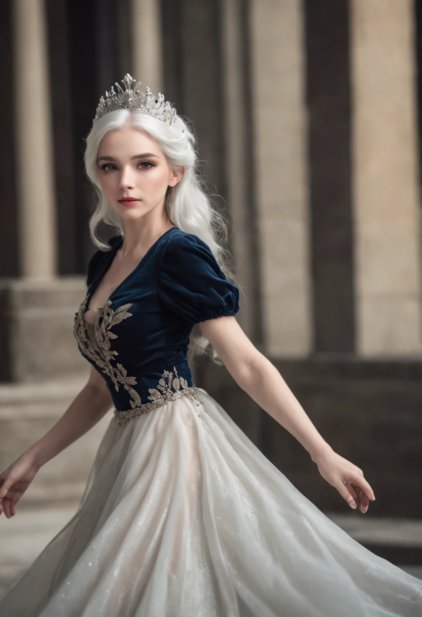 (01 woman, white hair) wearing a princess dress ((black dress))(blue eyes)(dynamic pose)