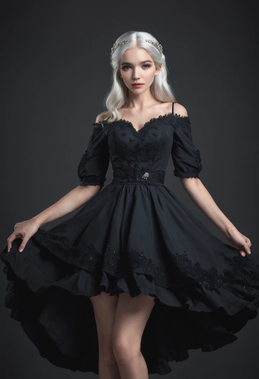 (01 woman, white hair) wearing a princess dress ((black dress))(blue eyes)(dynamic pose)