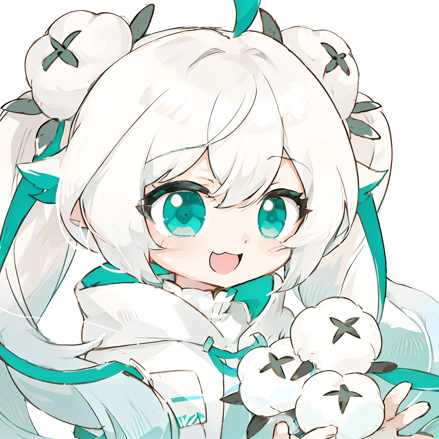 Anime girl holding plush toy with white hair and green eyes, white cyan, mikudayo, shirabii, by Puru, shikamimi, Os amigos, anime moe art style, Loli, Pisif, , double tails, , negao, no gradien, Pisif style