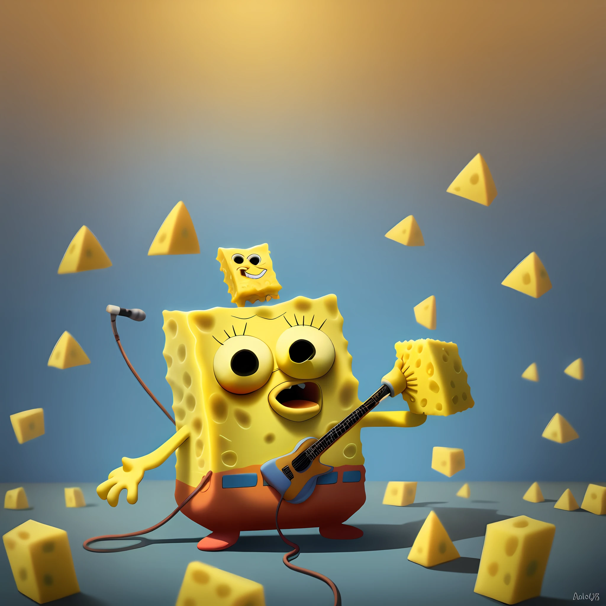 A SpongeBob SquarePants holds a microphone and sings loudly with its mouth open