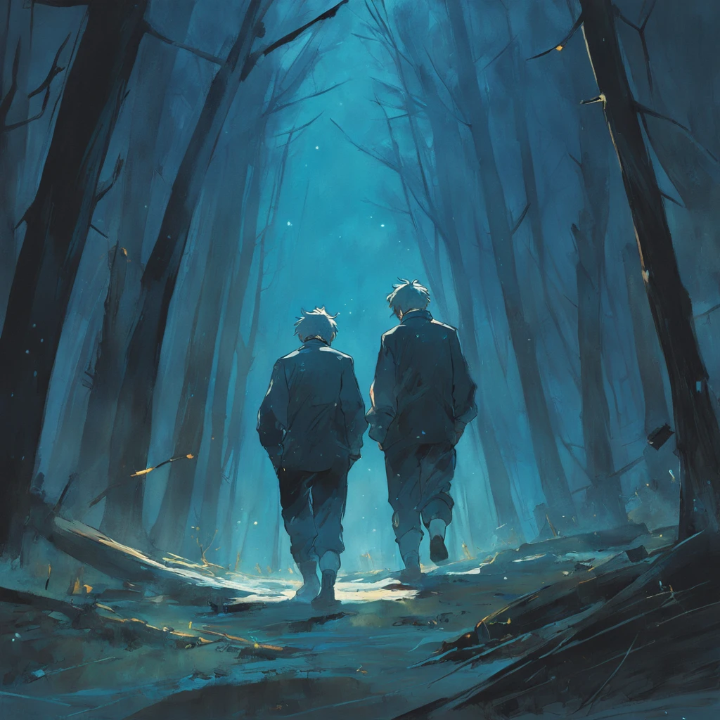 Dos hombres caminando por el bosque oscuro, Una sombra con forma de caminante, noche estrellada, Niebla espesa en el suelo, Luz azul en el horizonte, Motor Unreal 5, Kinematic, low angle photography, desenfoque de movimiento, profundidad de campo, polvo, Adoquines y suciedad. Arte de salpicaduras, goteo de pintura. Perfect color gradation. Influenciado por Karel Appel y Jeremy Mann, Full of dramatic and menacing scenes, hiperdetallado, Beautiful, Incredible details, Detalles intrincados, editorial photograph, Disparado con un objetivo de 50 mm, profundidad de campo, Tilt Blur, shutter speed 1/1000, f/22. Mapas de luz, super brillante