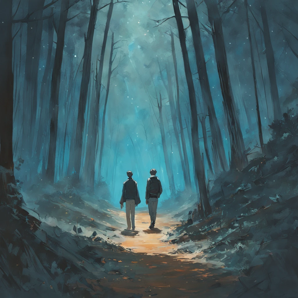 Dos hombres caminando por el bosque oscuro, Una sombra con forma de caminante, noche estrellada, Niebla espesa en el suelo, Luz azul en el horizonte, Motor Unreal 5, Kinematic, low angle photography, desenfoque de movimiento, profundidad de campo, polvo, Adoquines y suciedad. Arte de salpicaduras, goteo de pintura. Perfect color gradation. Influenciado por Karel Appel y Jeremy Mann, Full of dramatic and menacing scenes, hiperdetallado, Beautiful, Incredible details, Detalles intrincados, editorial photograph, Disparado con un objetivo de 50 mm, profundidad de campo, Tilt Blur, shutter speed 1/1000, f/22. Mapas de luz, super brillante