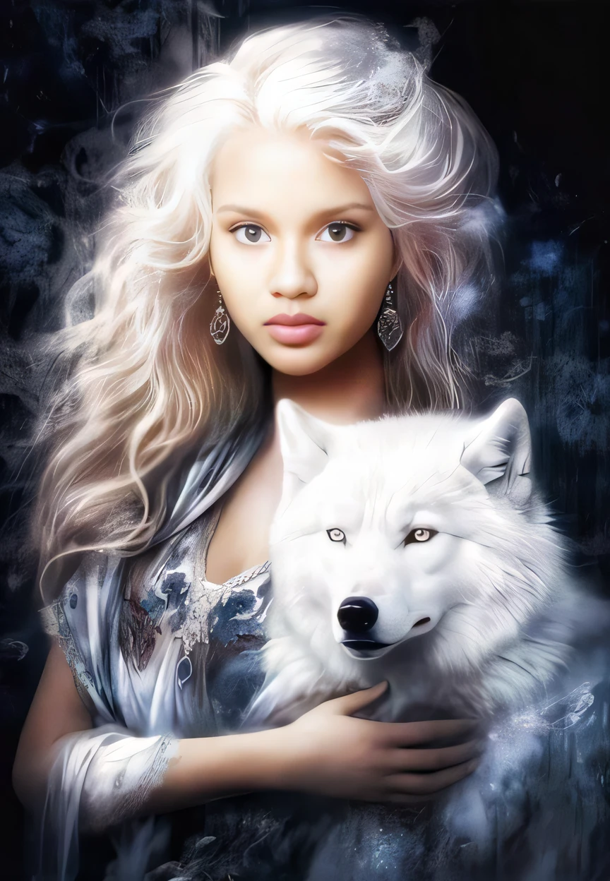 um close up de uma mulher segurando um lobo branco em um quarto escuro, lobo branco, wolfgirl, Magali Villeneuve», um lobo branco, Lobo branco com olhos azuis, Directed by: Nina Petrovna Valetova, Graphic artist Magali Villeneuve, retrato bonito da arte da fantasia, arte bonita, female anthropomorphic wolf