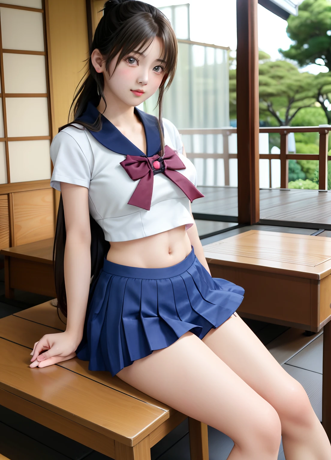 rialistic photo、Top image quality、Beautiful pictures、Schoolgirl in sailor suit、a miniskirt、Two women sitting on a shelf, two japanese schoolgirls posing, knees up、girls resting, Stand your feet、White shorts、beautiful flaxen ponytail、Beautiful facial features、Beautiful belly button、wearing japanese school uniform, Japan school uniform, in a tokyo street, uhd candid photo of dirty, ayami kojima and lyde caldwell, Two girls, sitting in tokyo, Cute Girls, japanese city street fashion