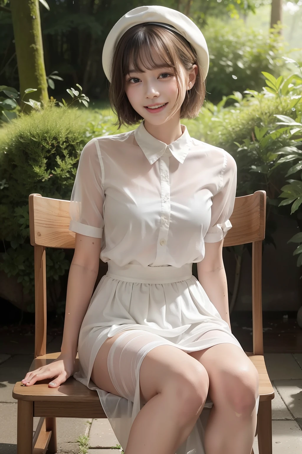 Photo Real、photoRealstic、top-quality Beige hair、short-haired、Lots of bangs、Hair bouncing outward、bouncing hair、Messy bouncing hair、beret、wetting hair、Drenched hair The contours of the face are round、small mouth、a small face、drooing eyes、big eye、a baby face、Beautiful skin White collar clothes、Thin material fabric clothes、Black bra、White long skirt、long skirt、Skirt to the feet、Wet clothes、damp clothing、soaked clothes、translucent clothes 独奏、18year old、young body、skinny body、Beautiful skins、whole body soaked、the whole body is wet Laughing、Laughing expression、Facial expressions to enjoy、Sit elegantly in a chair、Water all over the body、Wet Background with、Sateen、Very heavy rain、Heavy rain、puddle、in woods、Sunlight shines in、Shade、beautiful forest、Wooden chair、vases