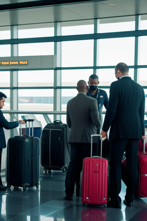 man in the airport, with luggage, being scorted by security