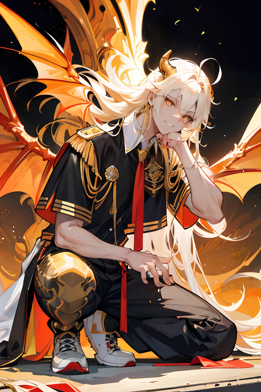 male people，Toned body，20-year-old male，Frivolous expression，Arrogant expression，Contemptuous expression，At the boiling point，in school uniform，White color blouse，Dark  skin，Campus punks，rogue，Punks，Dagger in hand，Grinning，Strong arms，perspire，Wheat-colored complexion，Sun，The corners of the mouth are raised，Tiger Tooth，There are scars on the face，Black sweatpants，White sneakers，Long blonde hair，Messy hair，Fingers stuck in your hair，There are a lot of golden lightning bolts around，Asian squat，Crouch on the side of the road，bangs covering eyes，The coat is tied around the waist，With a cigarette in his mouth，With elongated dragon horns，Huge golden dragon wings，Huge golden dragon wings，The wings of a huge golden dragon as big as its body，The body is covered by the wings of a huge golden dragon，Golden pupils，Only a pair of wings，large wings，The wings of the largest dragon,The wings of the largest dragon，There are golden scales on the neck，The fingers are golden dragon claws，Elongated golden dragon tail