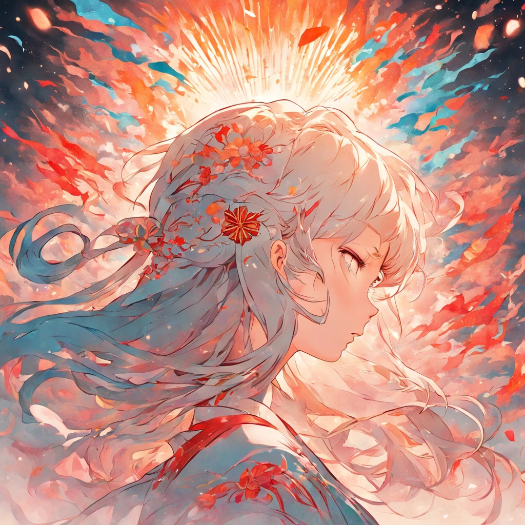 (White background:1.4),(Silhouette of a girl's head, Eyes closed, colorfull long hair, Oriental elements)，(Chinese illustration:1.3，paper art:1.3, Quilted paper art:1.2),( reasonable design, Clear lines, High sharpness,Best quality, Very detailed, Masterpiece, movie light effect, 4K )