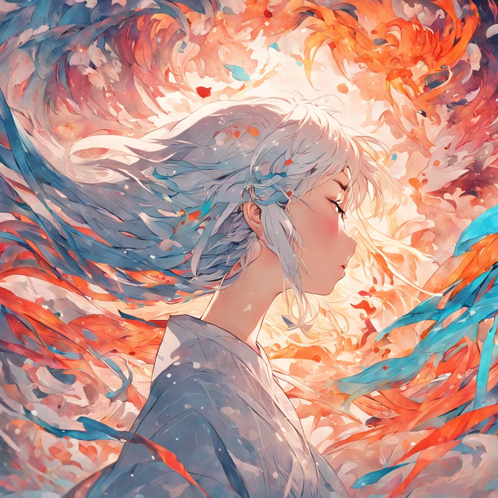 (White background:1.4),(Silhouette of a girl's head, Eyes closed, colorfull long hair, Oriental elements),(Chinese illustration:1.3,paper art:1.3, Quilted paper art:1.2),( reasonable design, Clear lines, High sharpness,Best quality, Very detailed, Masterpiece, movie light effect, 4K )