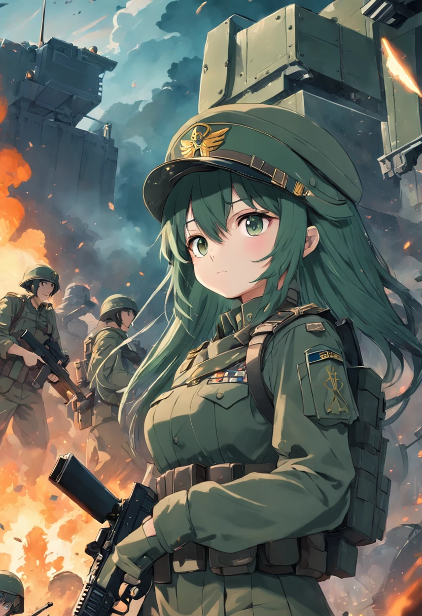 Tall soldiers,Wearing a military helmet,Wearing a military uniform,The rank is 3rd Classmate,Dark green hair,machine guns,Gatling,Ammunition is plentiful,Full fire,On the lawn,There is a rank on the helmet