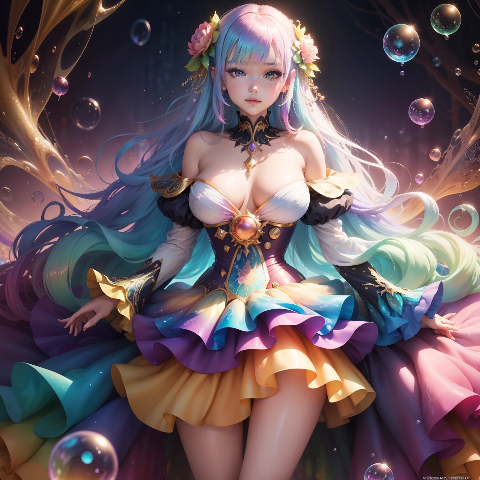 masutepiece, Best Quality, Intricate details, Beautiful Girl, Sparkling eyes, Otherworldly liquid fantasia background, watercolor paiting, bright vivid colors, capricious, Colorful, Layered Tiered Puffy Long Sleeve Ball Gown, ((iridescent rainbow bubbles))fullnude