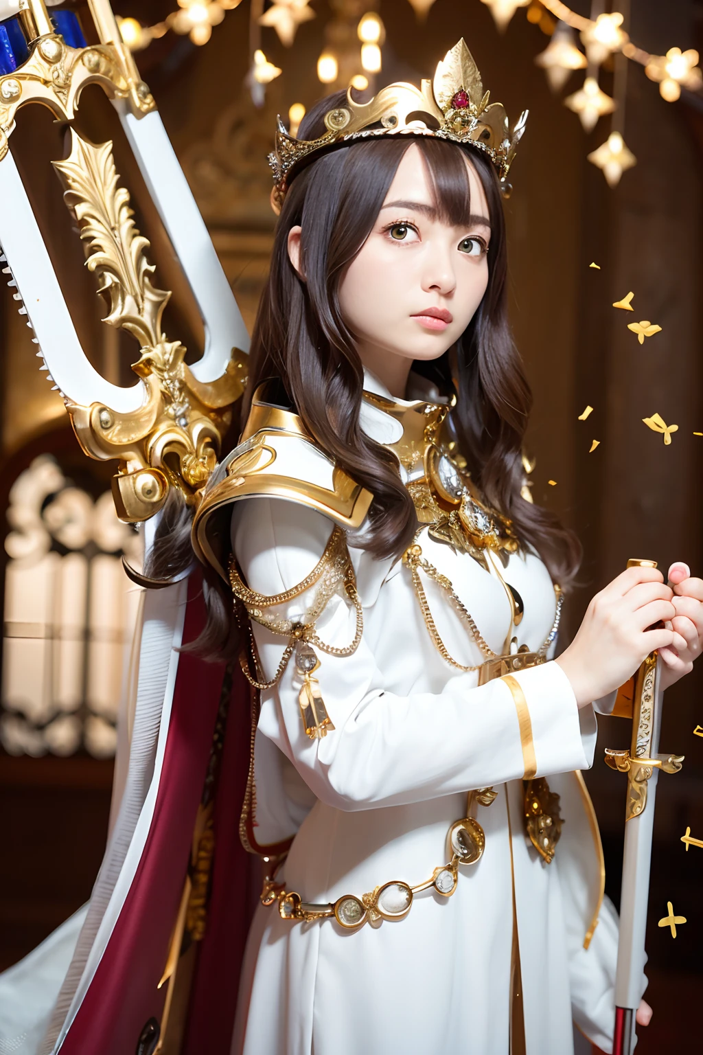 (masutepiece), Professional , masterpiece、top-quality、photos realistic , depth of fields (Gemstone Silver Metal Body:1.9),(Matte White、 Gold Weapon_(Metal:1.4),Gorgeous metal weapons , Detailed Sword of the Brave , Beautiful knife ,warhammer 40k , adepta sororitas,Detail and ornate jewel crown、Brown hair、Gangle's forest background、Beautiful Caucasian beauty、1a person、dynamic ungle,(((Detailed and ornate diamond crown)))、Particles of light、