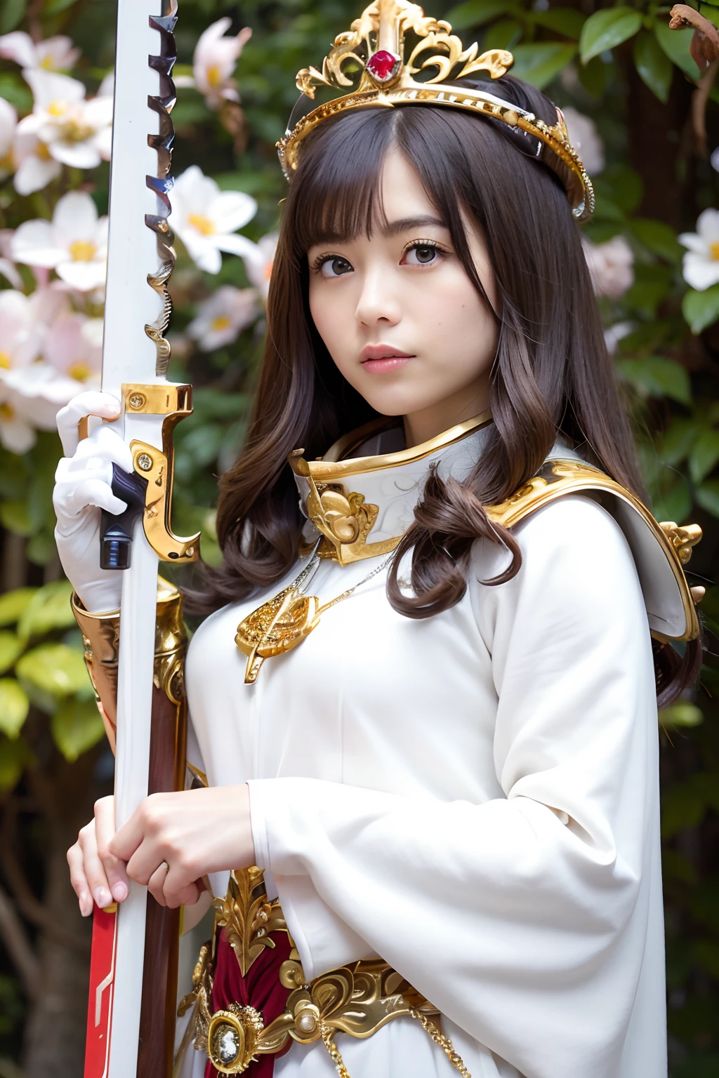 (masutepiece), Professional , ​masterpiece、top-quality、photos realistic , depth of fields （Gemstone Silver Metal Body:1.９),(Matte White、 Gold Weapon_（Metal:1.４),Gorgeous metal weapons , Detailed Sword of the Brave , Beautiful knife   ,warhammer 40k , adepta sororitas,Detail and ornate jewel crown、Brown hair、Gangle's forest background、Beautiful Caucasian beauty、１a person、dynamic ungle,(((Detailed and ornate diamond crown)))、Particles of light、