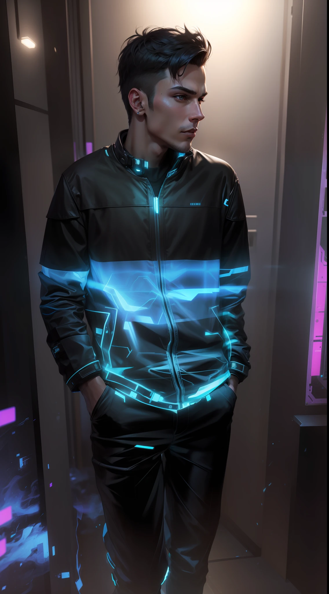Change background cyberpunk handsome boy, realistic face, 8k, ultra realistic,Change clothes into black suite