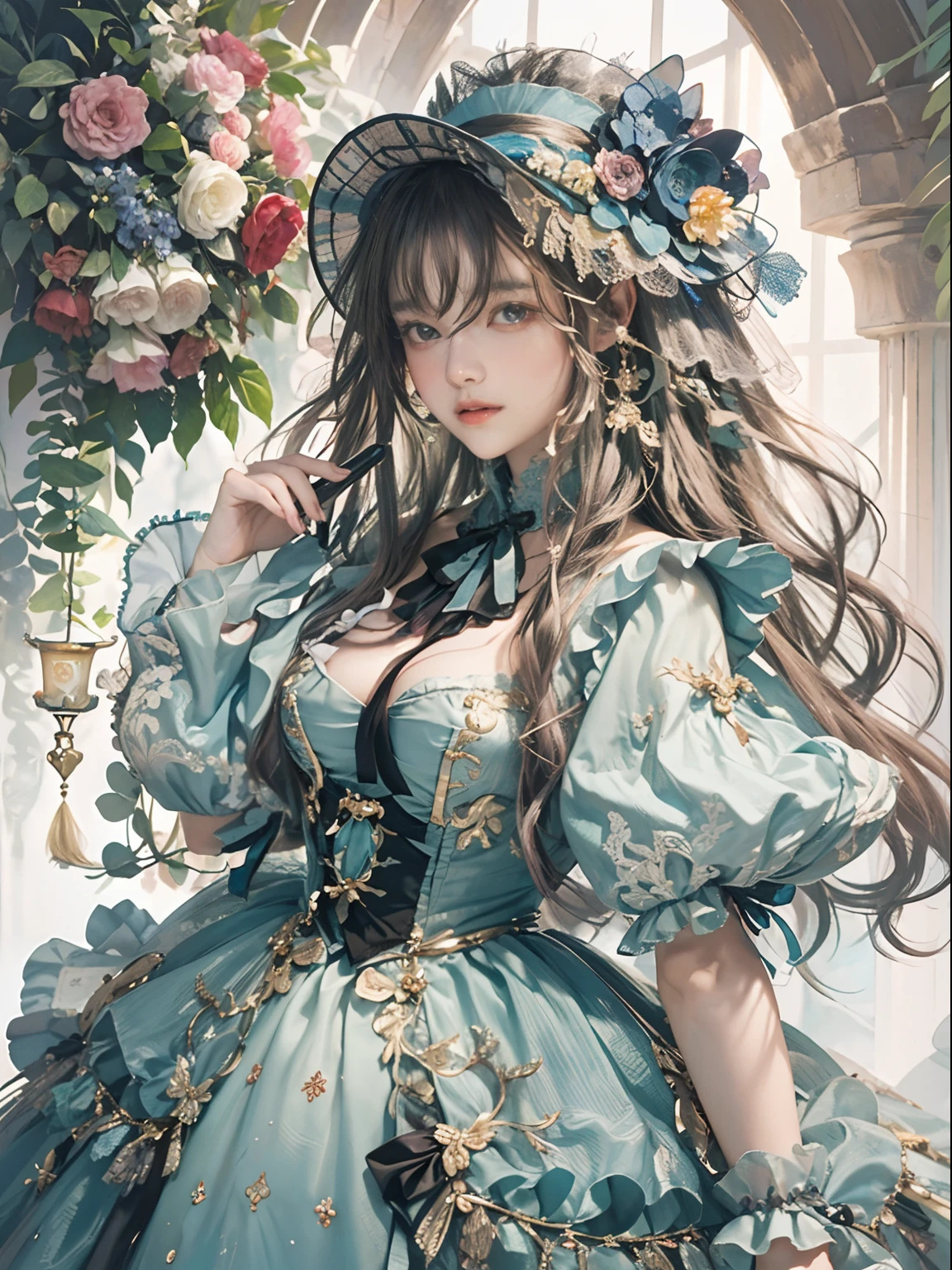 (​masterpiece、top-quality、top-quality、Detailed and complex、Official art、Beautifully Aesthetic:1.3)、(1girl in:1.3)、(Fractal Art:1.3)、colourfull、Vivid、Victorian costume