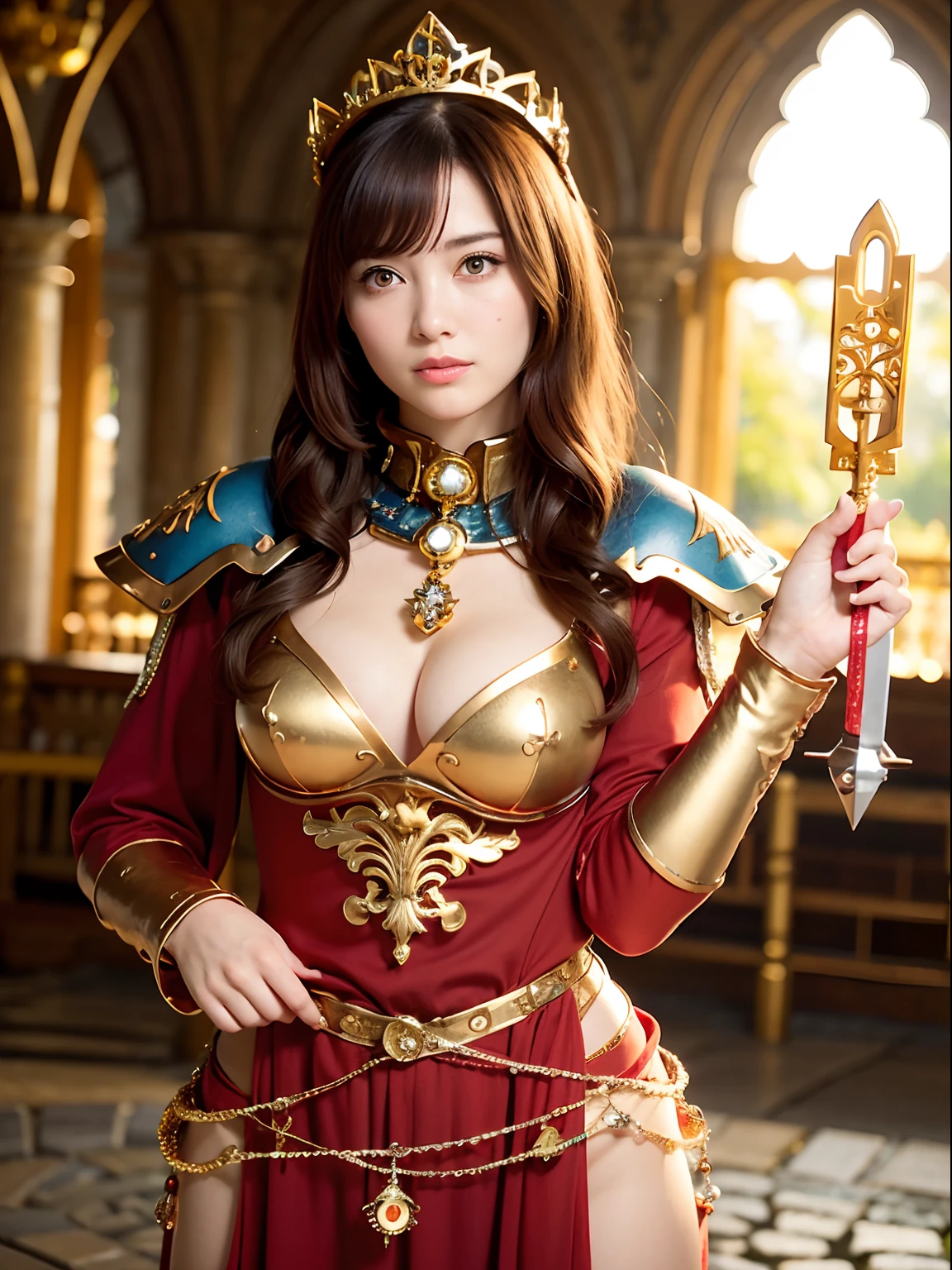 (masutepiece), Professional , masterpiece、top-quality、photos realistic , depth of fields (Gemstone Silver Metal Body:1.9),(Matte yellow、Jewel Gold Weapon、(Gorgeous castle background)、(Jewel Metal Body:1.4),(Gorgeous Jewel Metal Weapons) , (Detailed Sword of the Brave) ,( Soldier background in metal armor) ,warhammer 40k , adepta sororitas,Detail and ornate jewel crown、独奏、Brown hair、(Gangle's forest background)、Beautiful Caucasian beauty、1a person、dynamic ungle,(((Diamond tiara with detail and luxury)))、a small face、A smile、Powerful poses、(Gorgeous castle background)、huge filesize、20 year old beautiful woman、Stand in the center of the screen、Thin female fingers、Straight long hair、Beautiful Caucasian beauty、Mystical expression、Mystical expression、Lightly open your mouth、