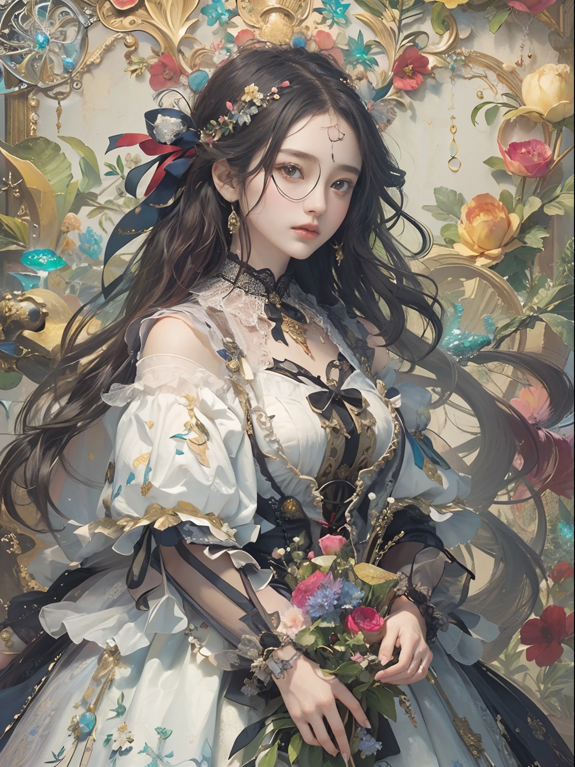 (​masterpiece、top-quality、top-quality、Detailed and complex、Official art、Beautifully Aesthetic:1.3)、(1girl in:1.3)、(Fractal Art:1.3)、colourfull、Vivid、Victorian costume